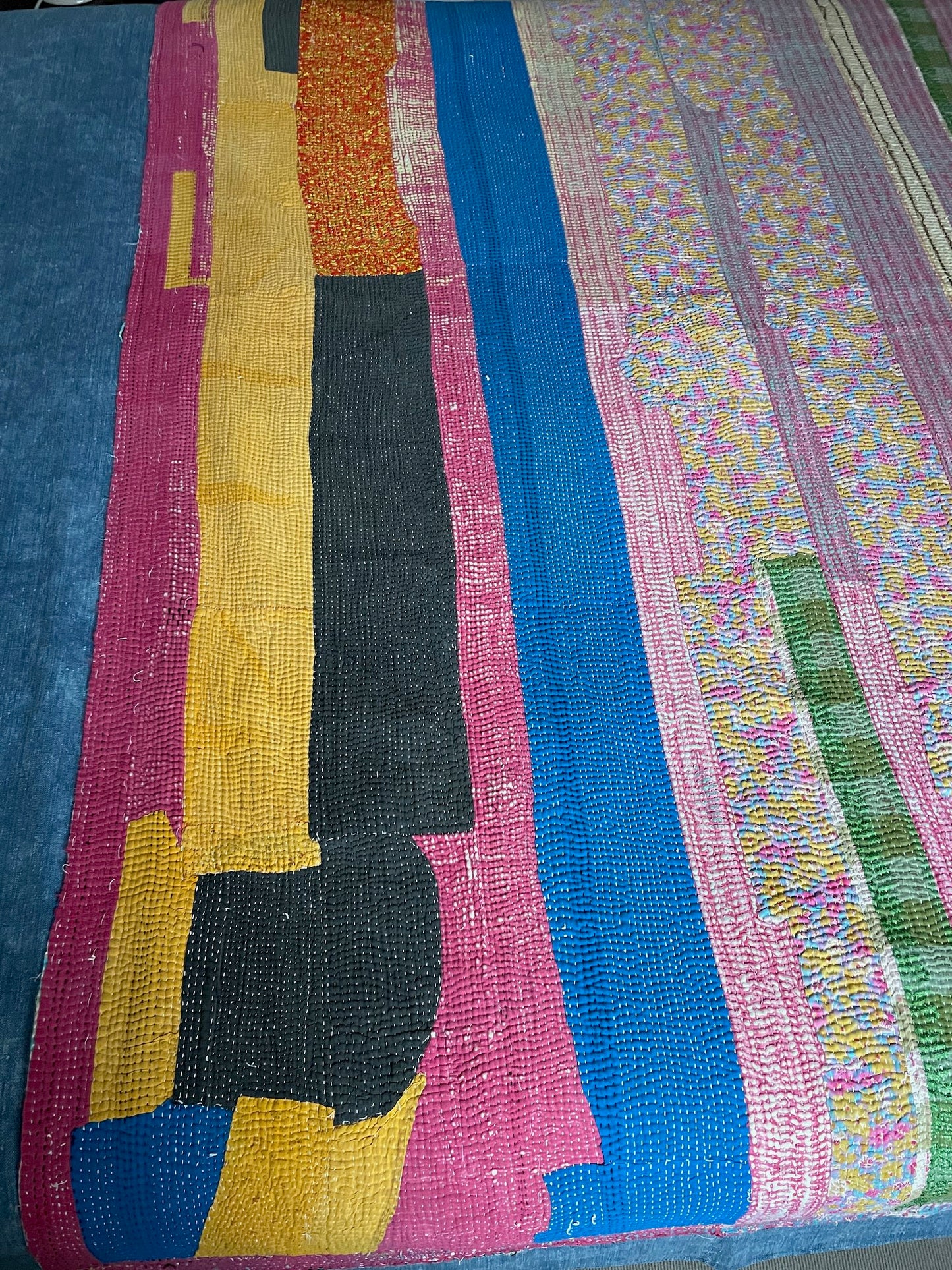 
                  
                    striped patchwork quilt vintage kantha sofa throw pink blue yellow cotton comforter large washable
                  
                