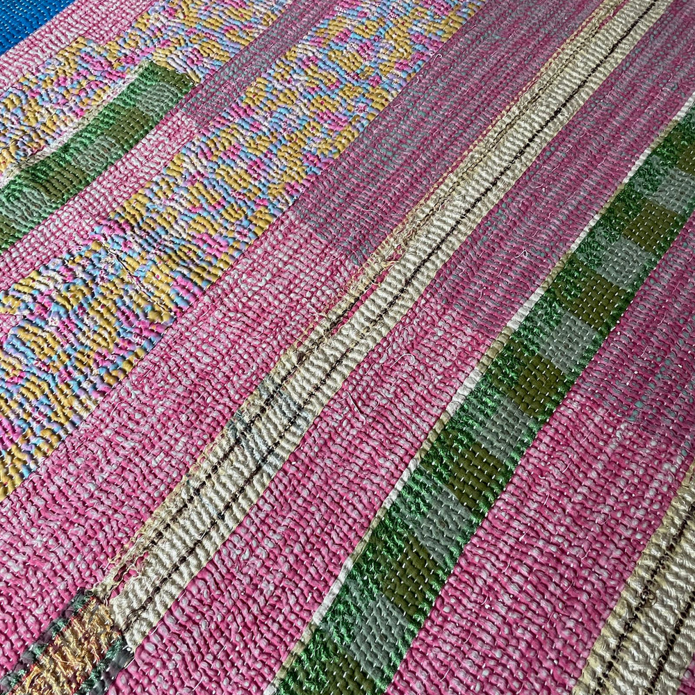 
                  
                    striped patchwork quilt vintage kantha sofa throw pink blue yellow cotton comforter large washable
                  
                