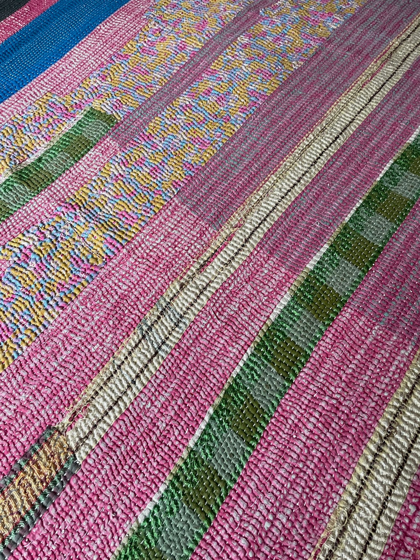 
                  
                    striped patchwork quilt vintage kantha sofa throw pink blue yellow cotton comforter large washable
                  
                