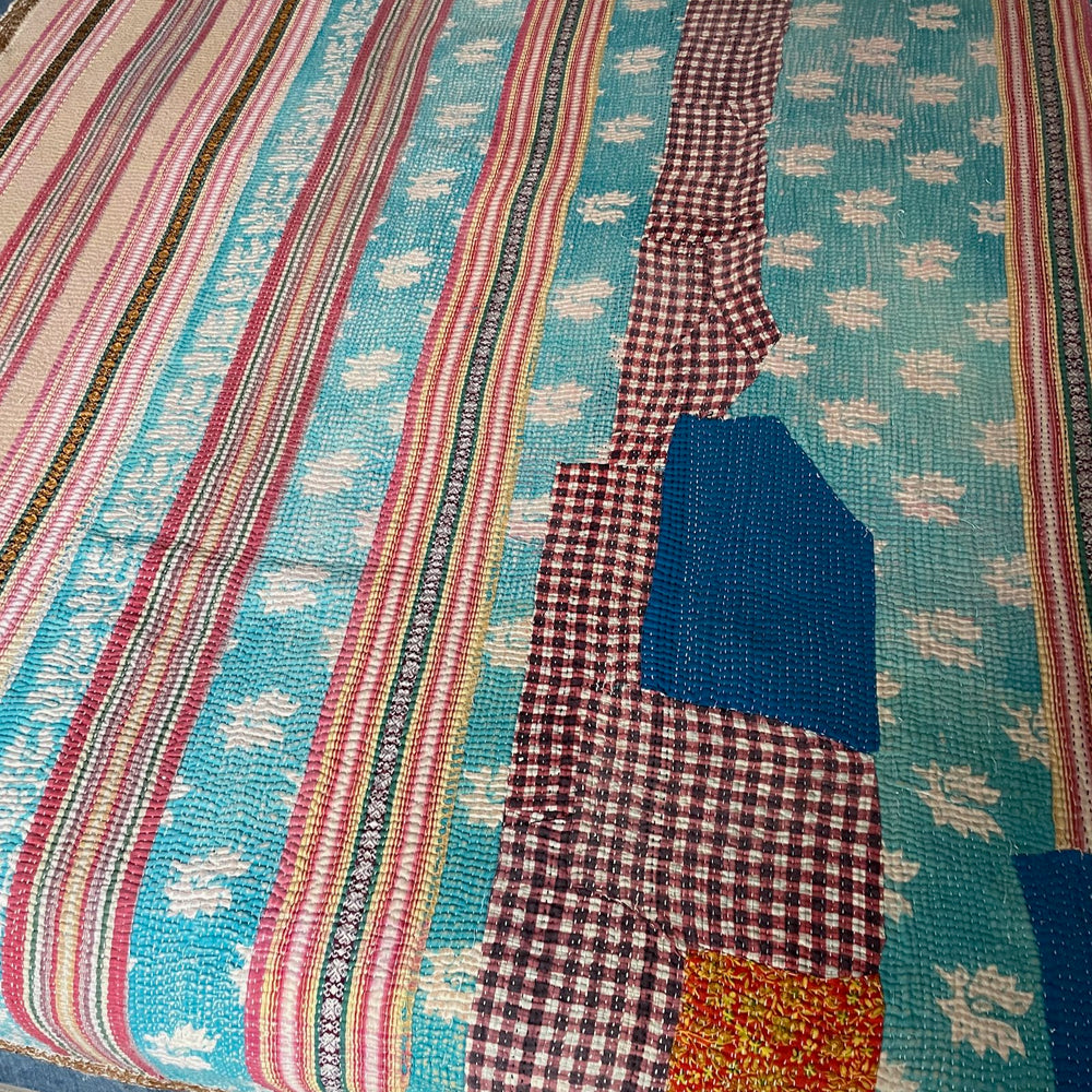 
                  
                    striped patchwork quilt vintage kantha sofa throw pink blue yellow cotton comforter large washable
                  
                