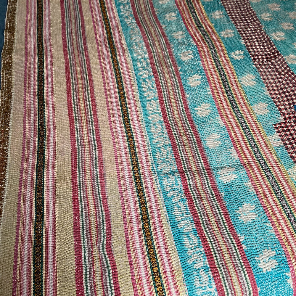 
                  
                    striped patchwork quilt vintage kantha sofa throw pink blue yellow cotton comforter large washable
                  
                