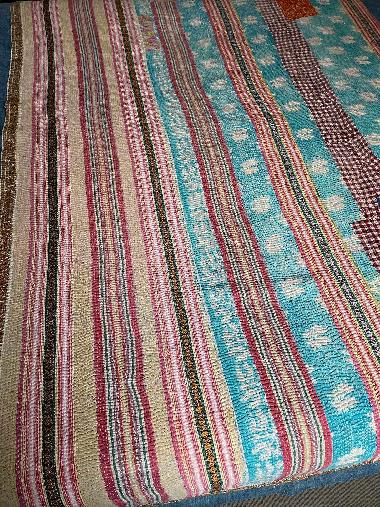 
                  
                    striped patchwork quilt vintage kantha sofa throw pink blue yellow cotton comforter large washable
                  
                