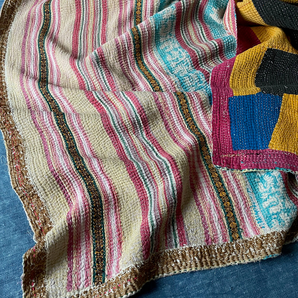 
                  
                    striped patchwork quilt vintage kantha sofa throw pink blue yellow cotton comforter large washable
                  
                