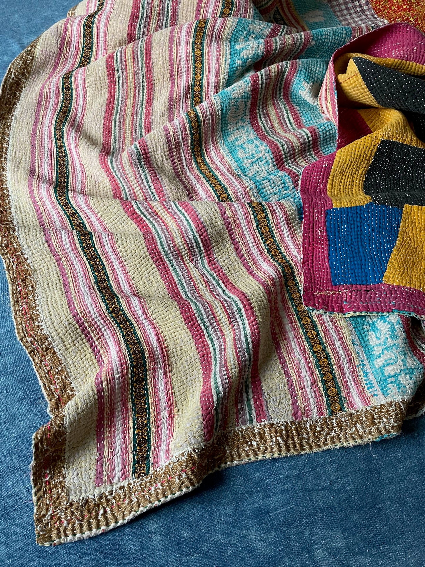 
                  
                    striped patchwork quilt vintage kantha sofa throw pink blue yellow cotton comforter large washable
                  
                