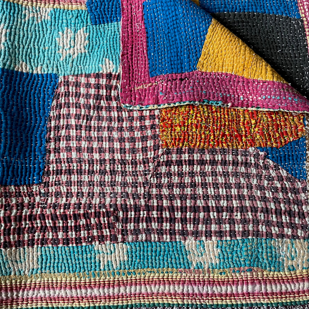 
                  
                    striped patchwork quilt vintage kantha sofa throw pink blue yellow cotton comforter large washable
                  
                