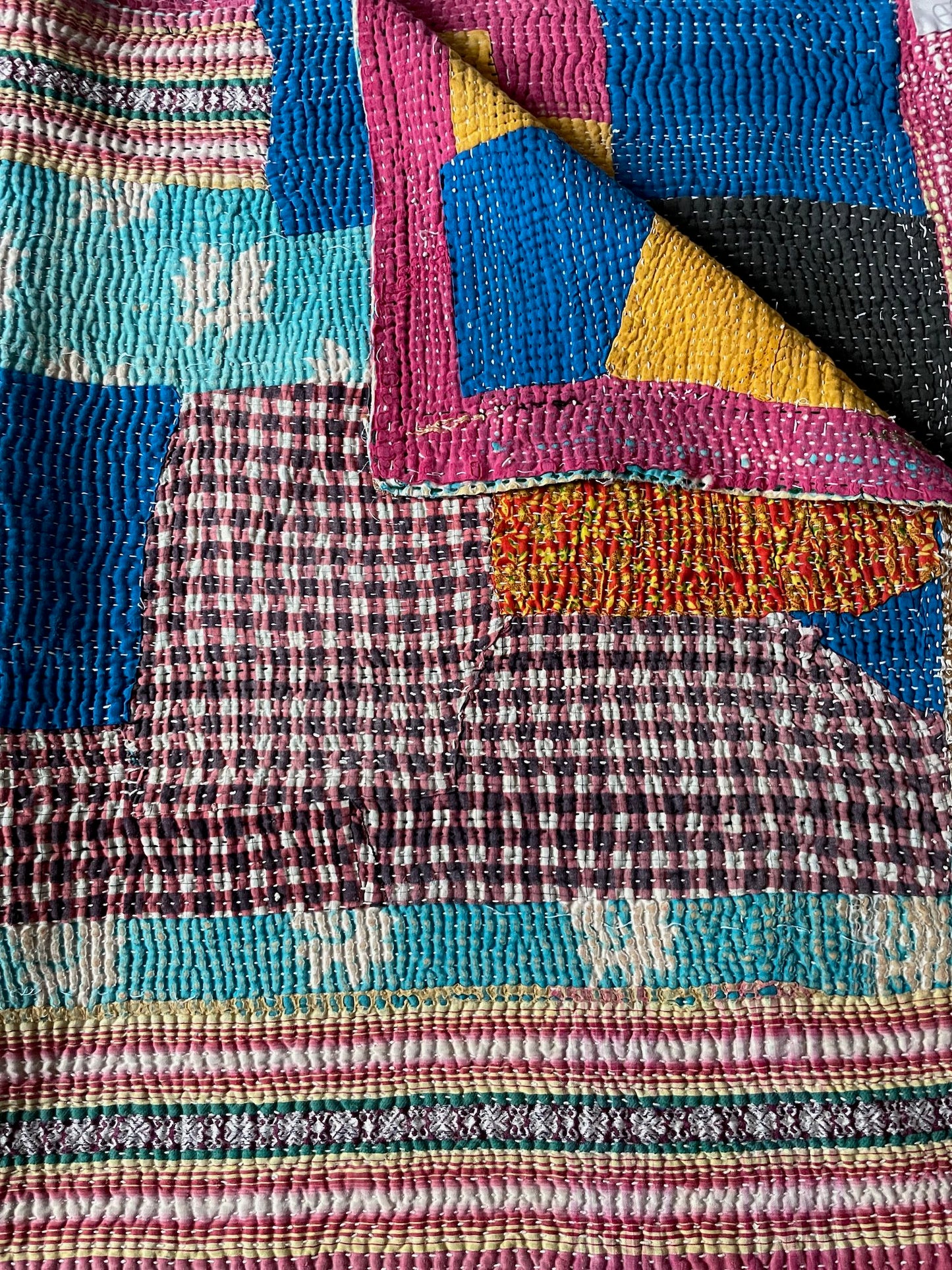 
                  
                    striped patchwork quilt vintage kantha sofa throw pink blue yellow cotton comforter large washable
                  
                