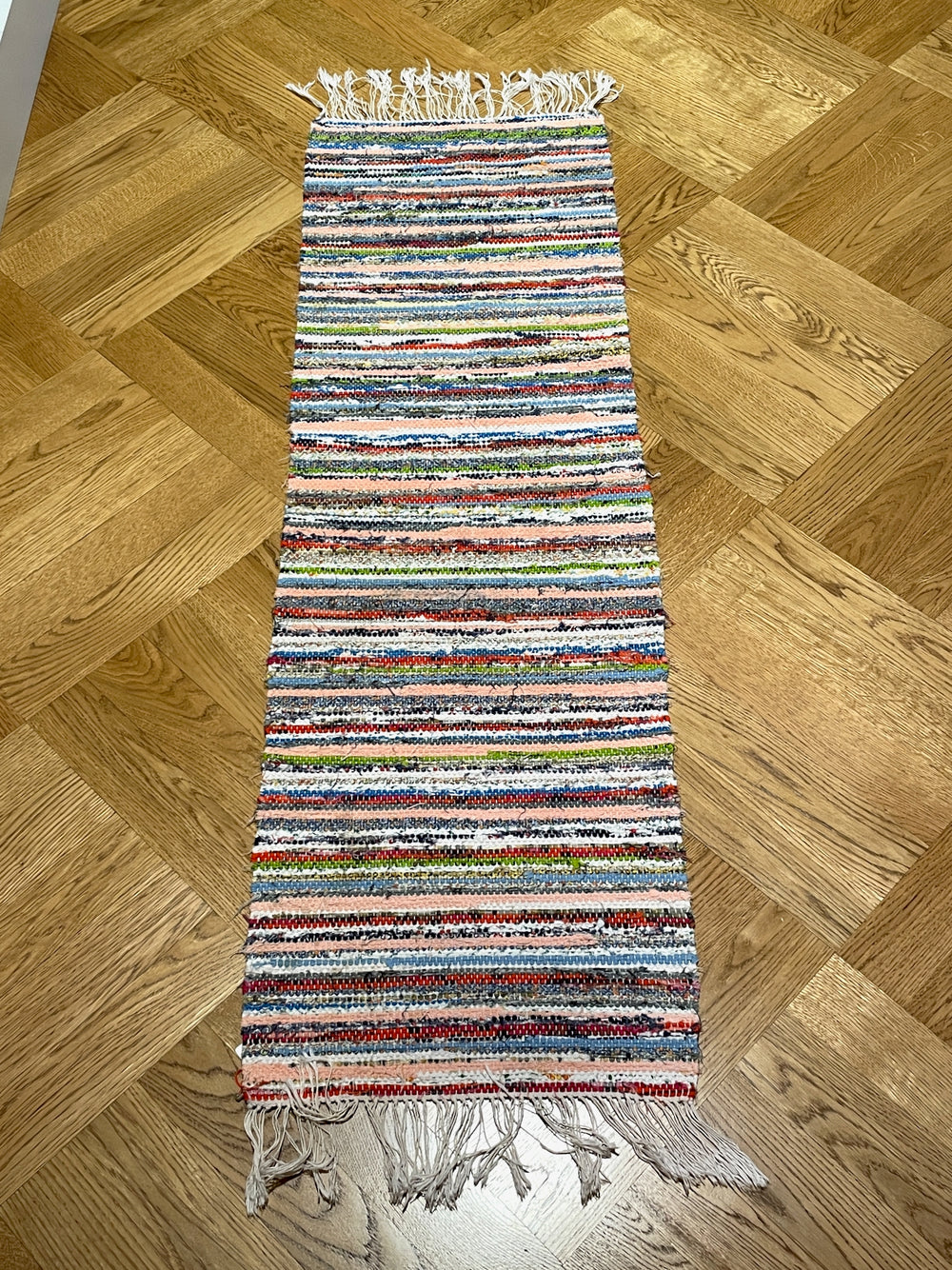 striped rainbow colour rug vintage swedish trasmatta hygge floor covering runner bedside mat