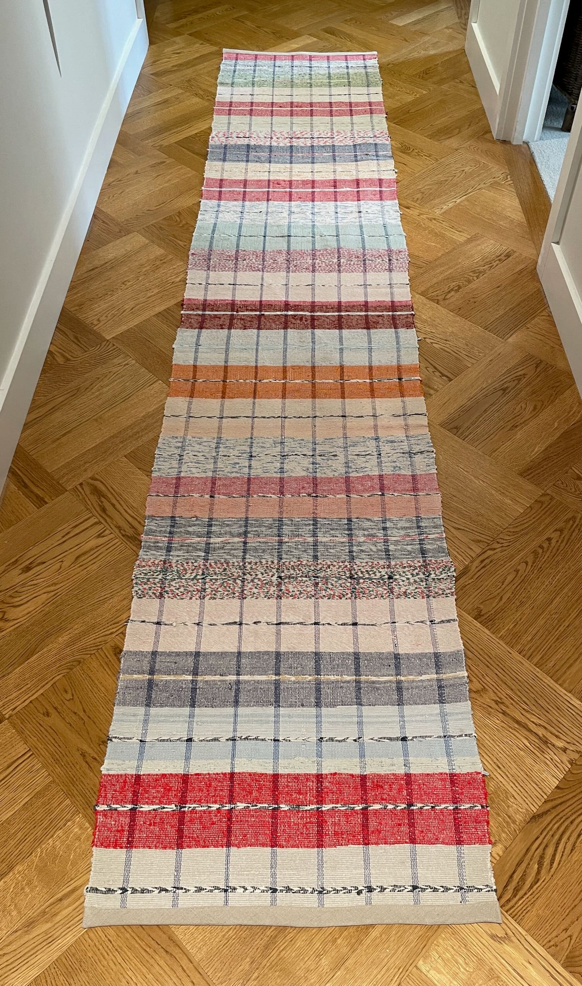 
                  
                    striped red blue green pink rag rug floor runner in bright colours long hall carpet washable 
                  
                