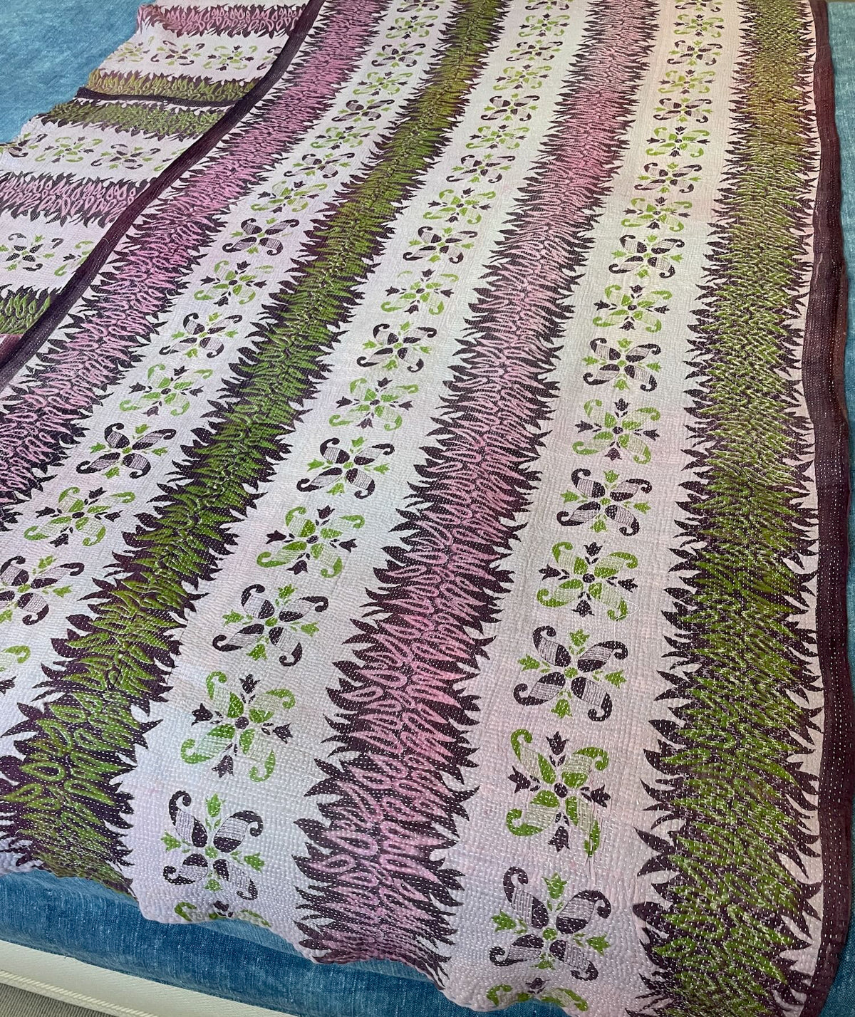 green pink purple kantha quilt single bedspread cotton washable sofa throw handstitched comforter