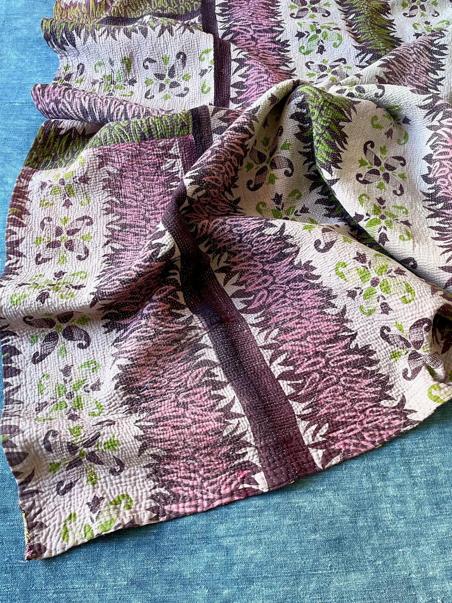 green pink purple kantha quilt single bedspread cotton washable sofa throw handstitched comforter