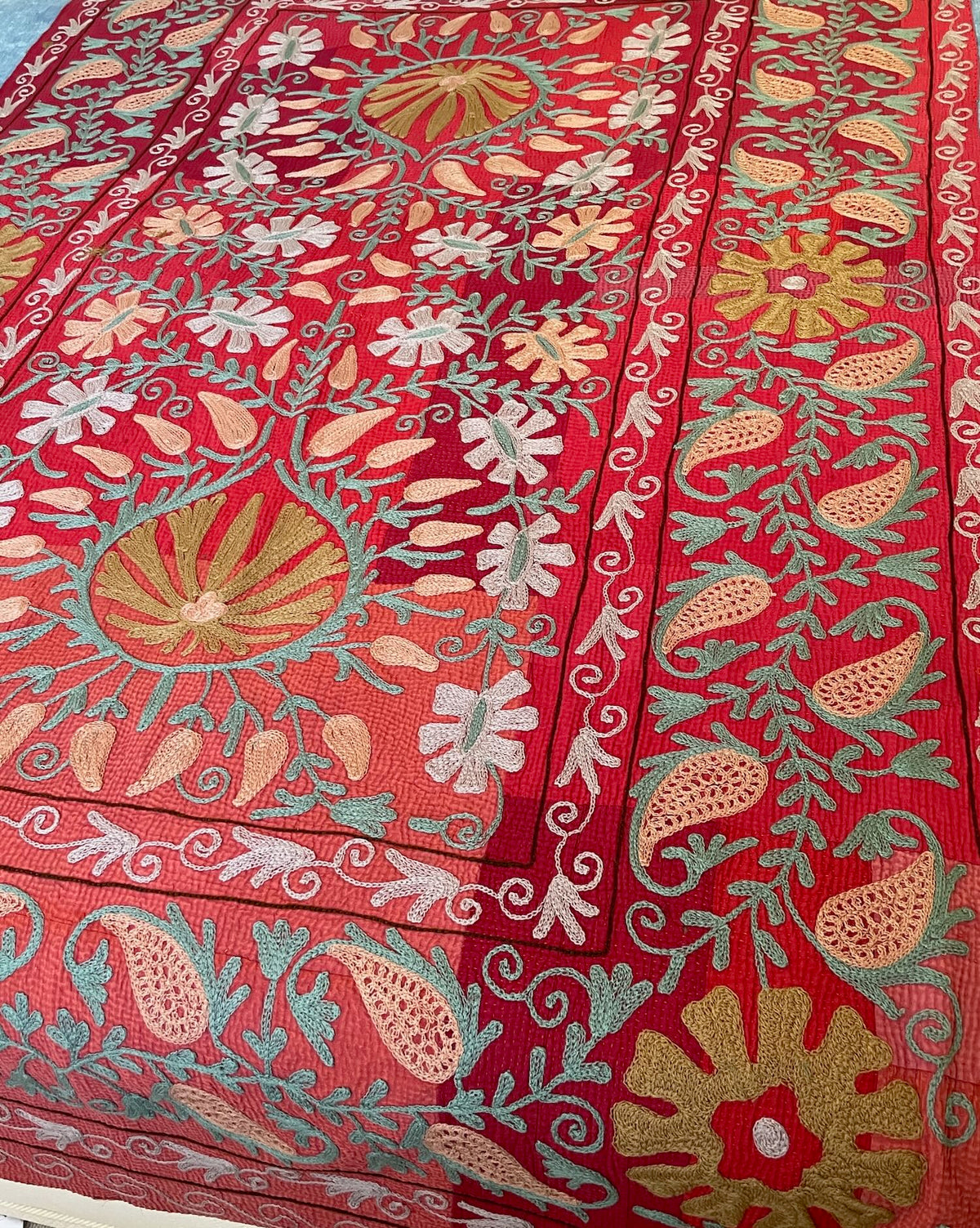 
                  
                    red pink grey suzani quilt lovely embroidered bedspread sofa throw or wall hanging washable cotton
                  
                