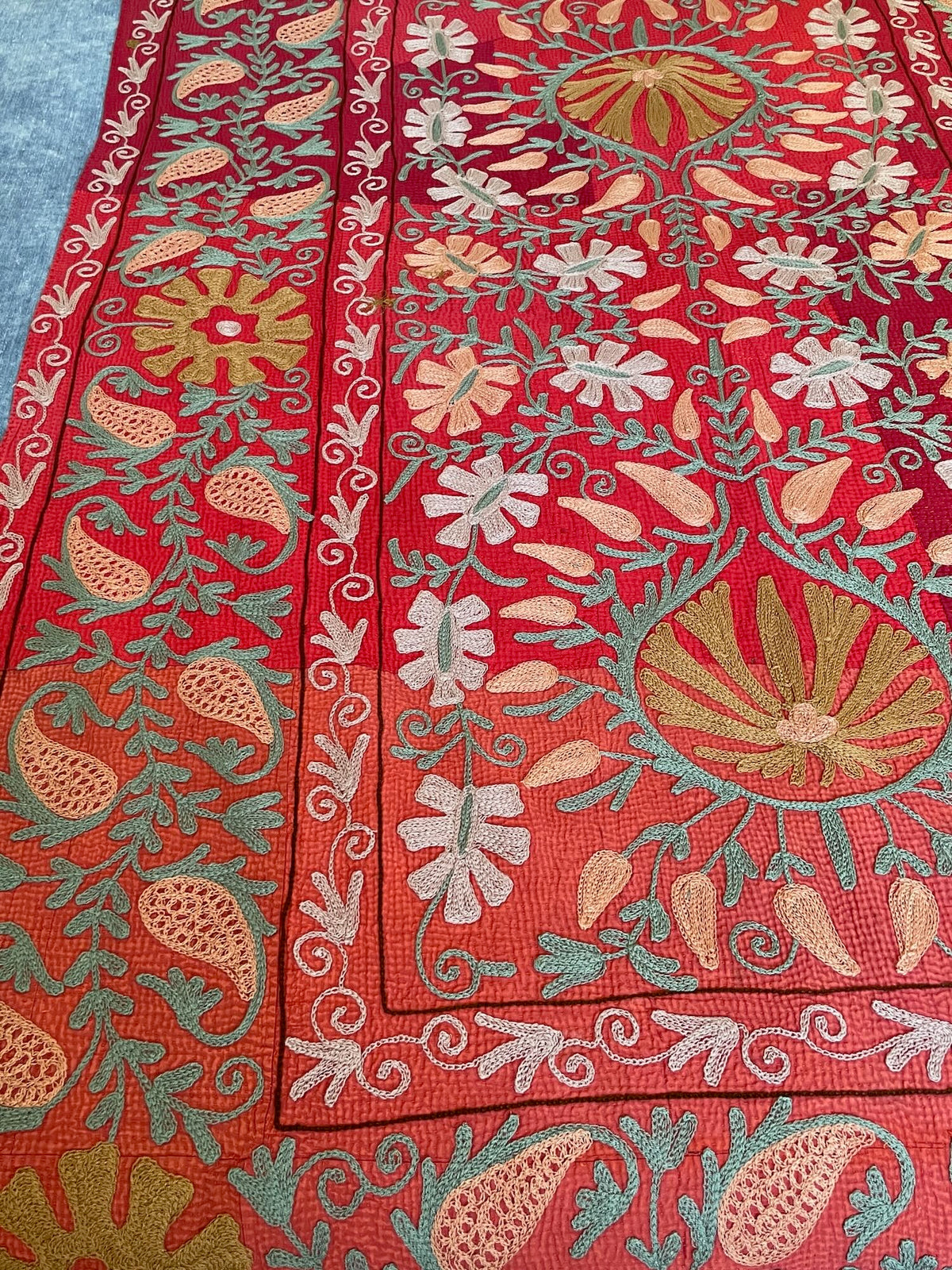 
                  
                    red pink grey suzani quilt lovely embroidered bedspread sofa throw or wall hanging washable cotton
                  
                