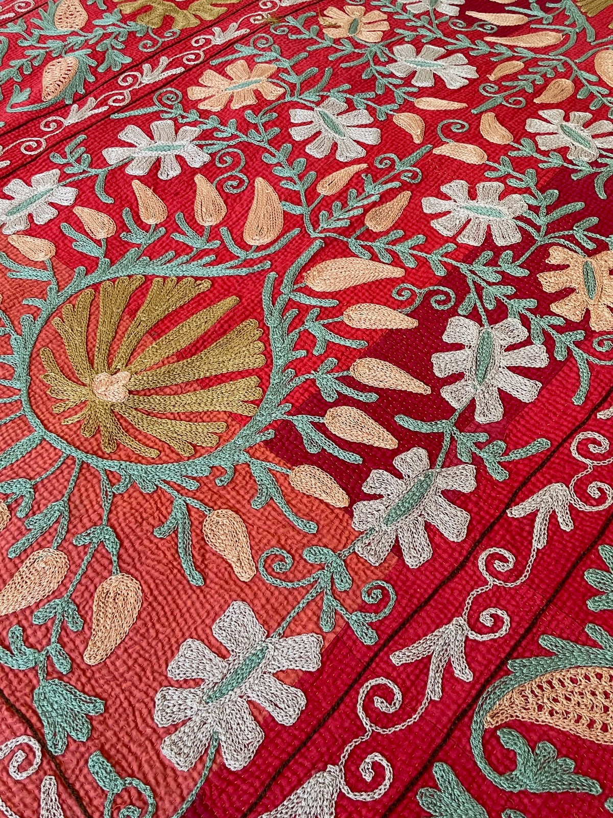 
                  
                    red pink grey suzani quilt lovely embroidered bedspread sofa throw or wall hanging washable cotton
                  
                