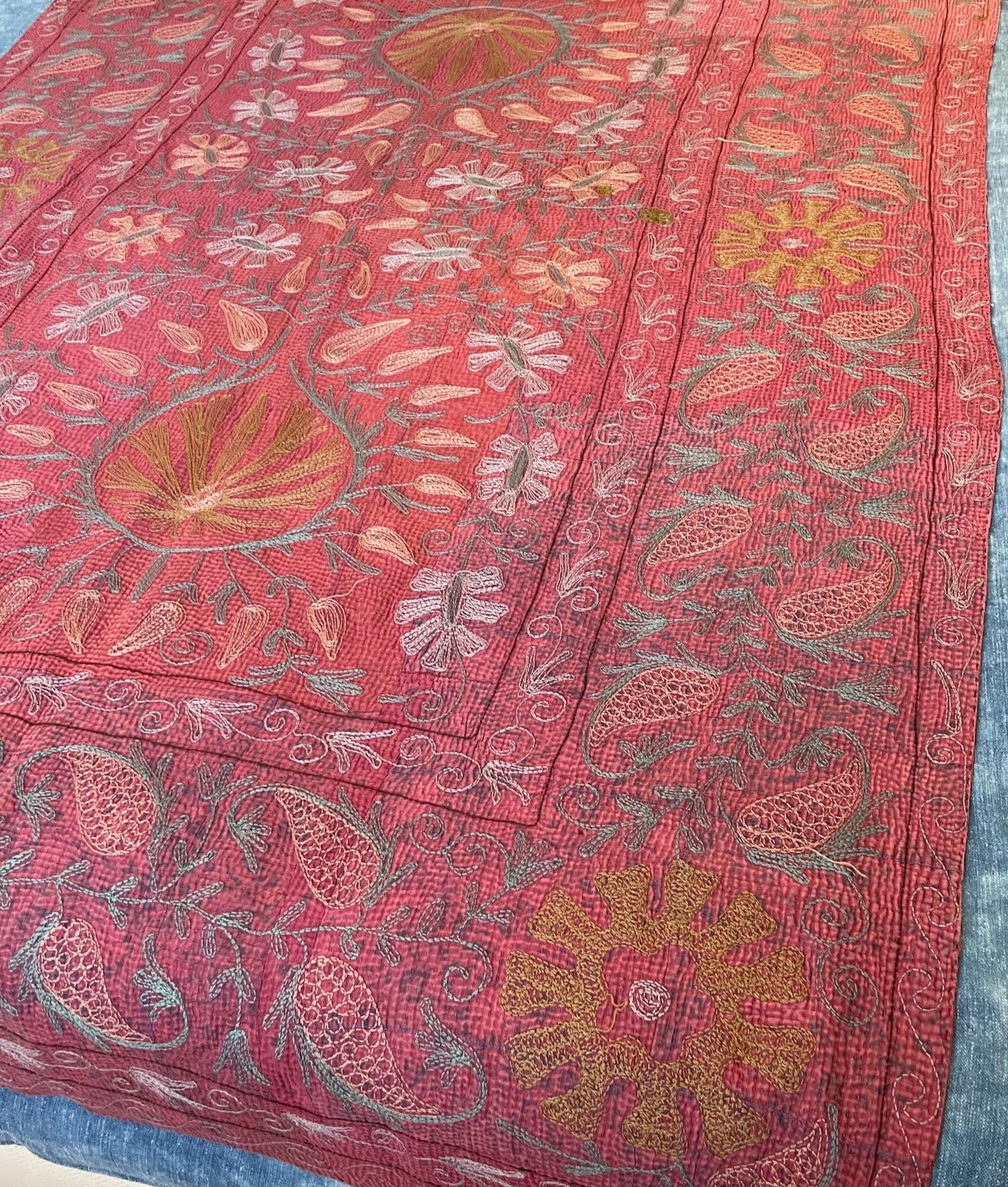 
                  
                    red pink grey suzani quilt lovely embroidered bedspread sofa throw or wall hanging washable cotton
                  
                