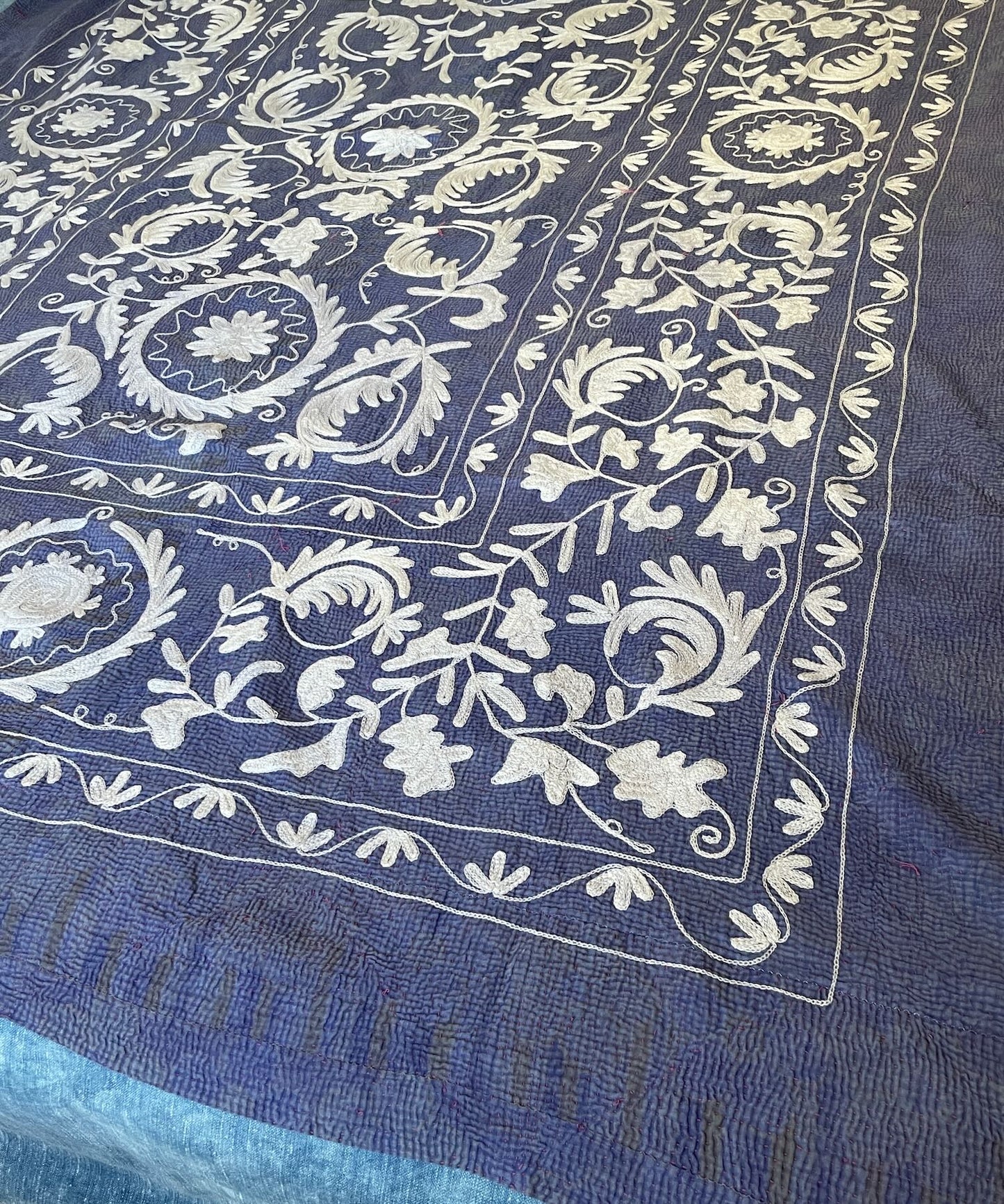 
                  
                    blue white embroidered suzani quilt large cotton comforter bedspread wall hanging machine washable
                  
                