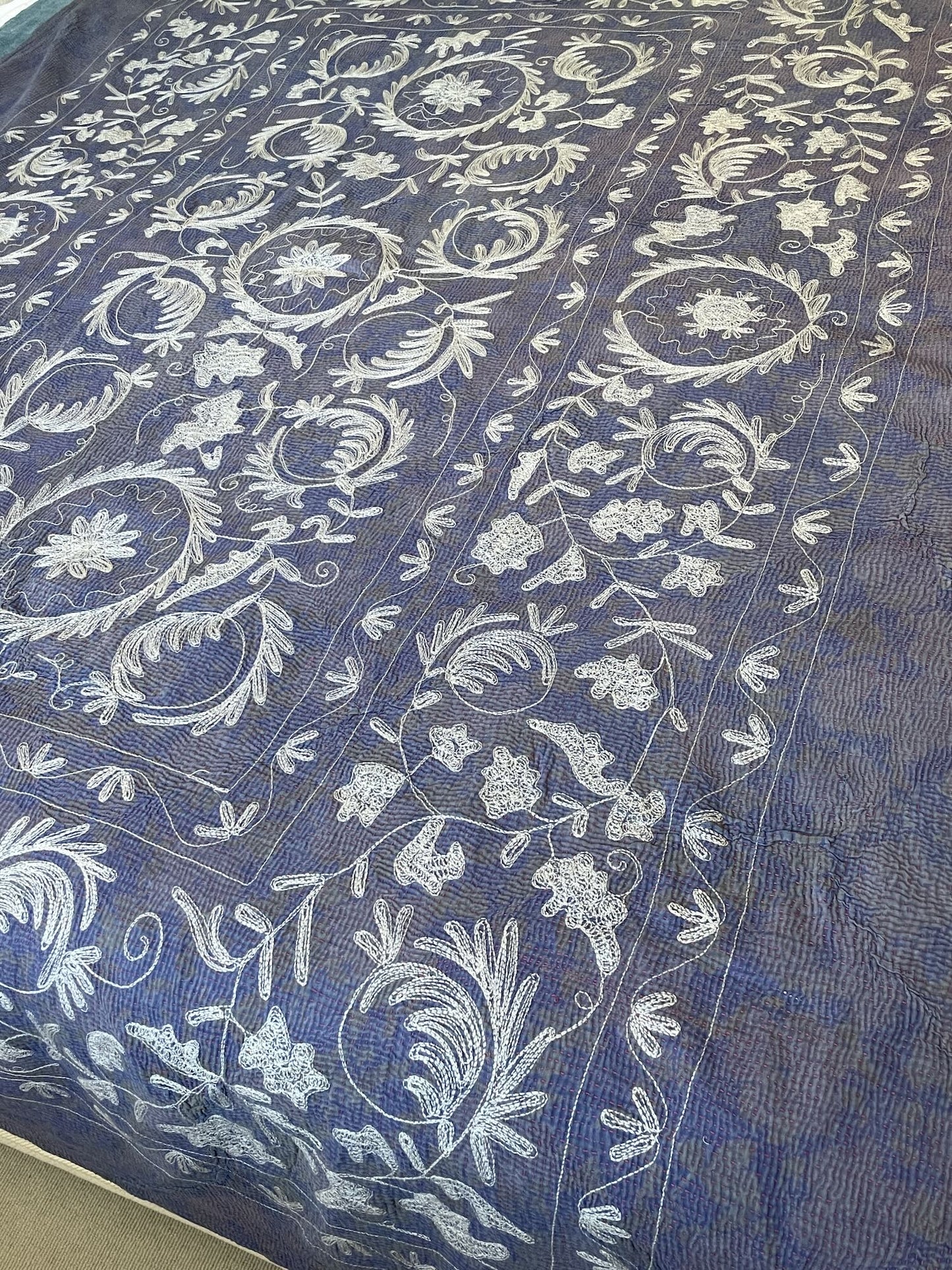 
                  
                    blue white embroidered suzani quilt large cotton comforter bedspread wall hanging machine washable
                  
                