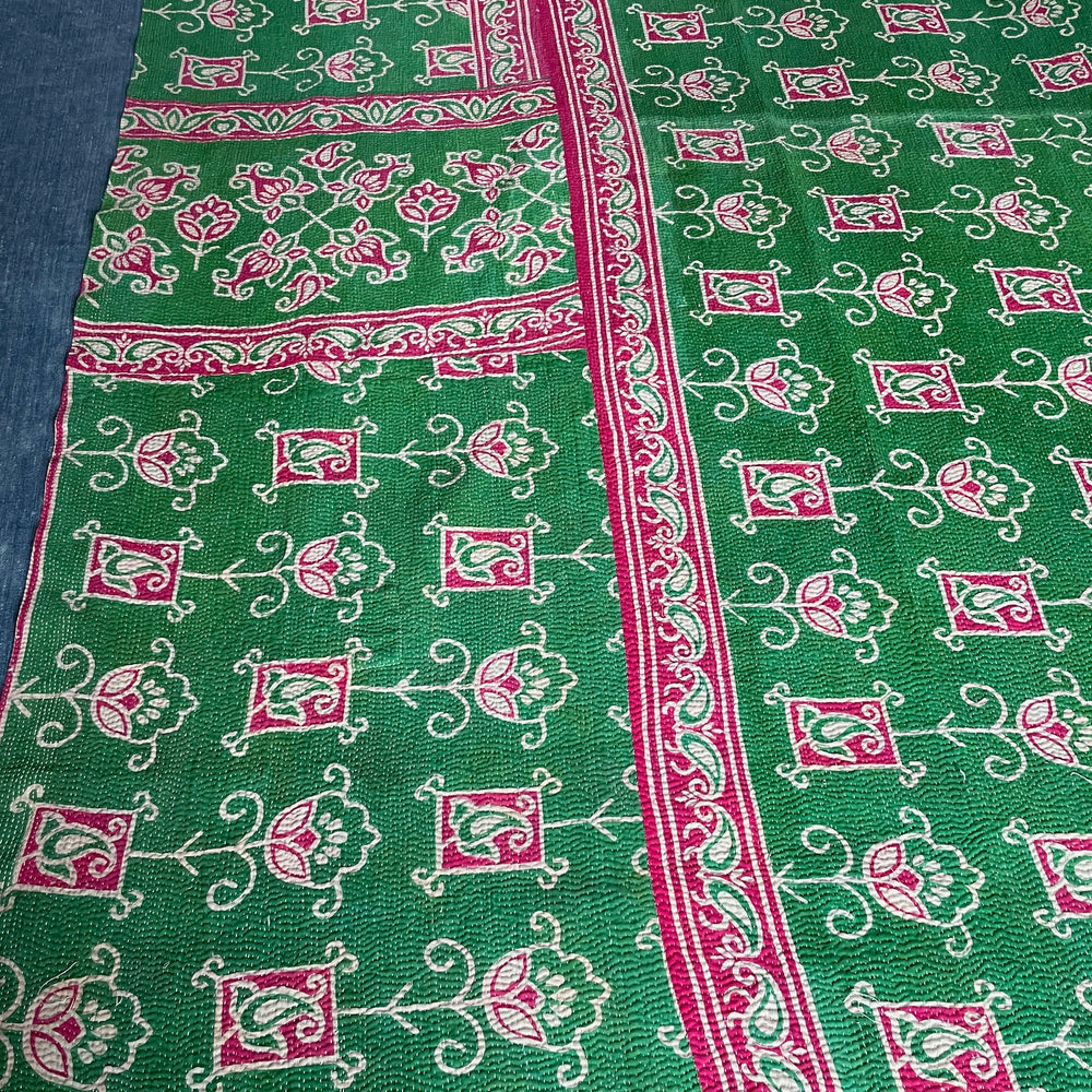 
                  
                    bright pink green kantha quilt cotton bedspread sofa throw single bedcover handstitched washable
                  
                