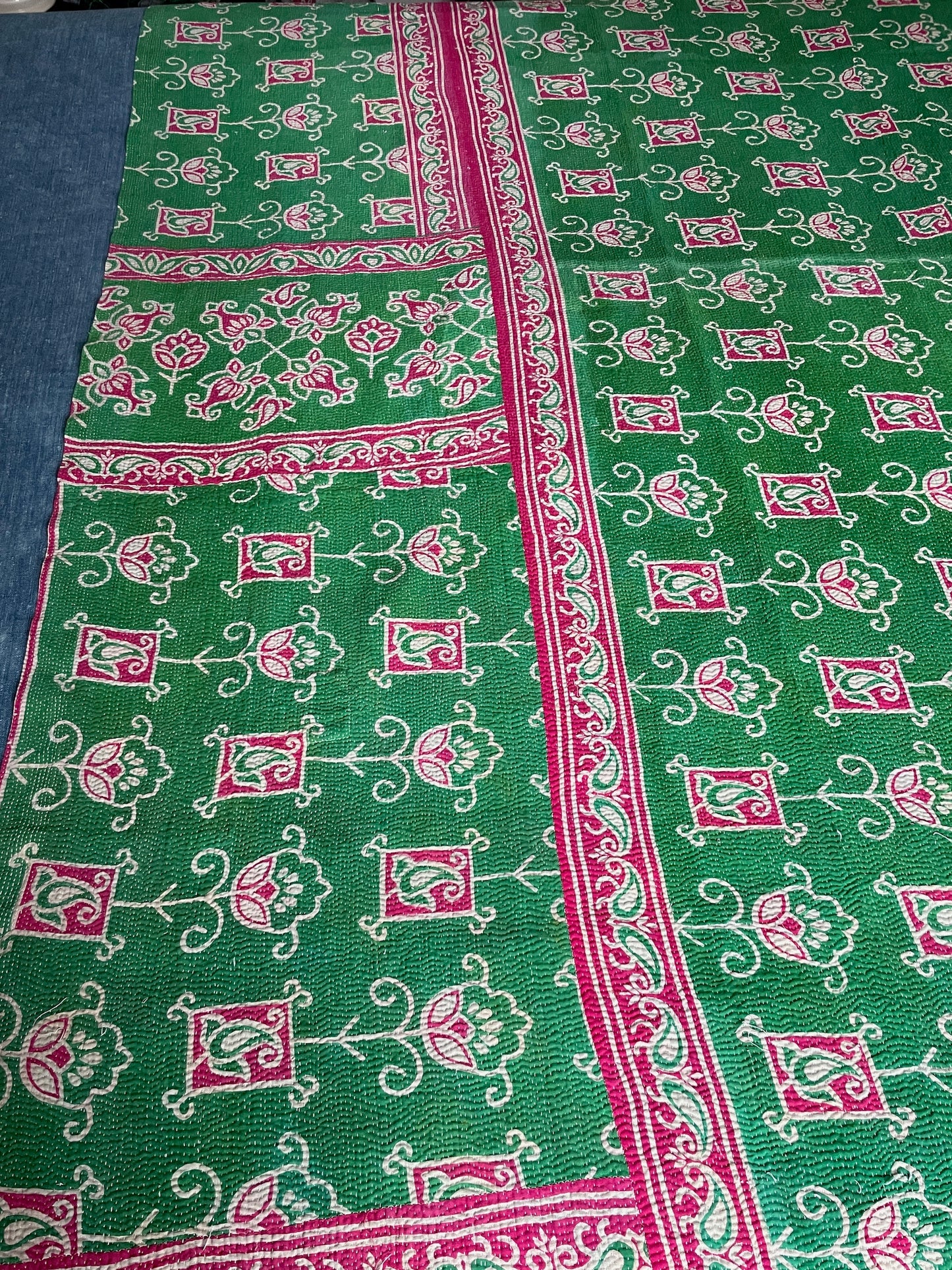 
                  
                    bright pink green kantha quilt cotton bedspread sofa throw single bedcover handstitched washable
                  
                