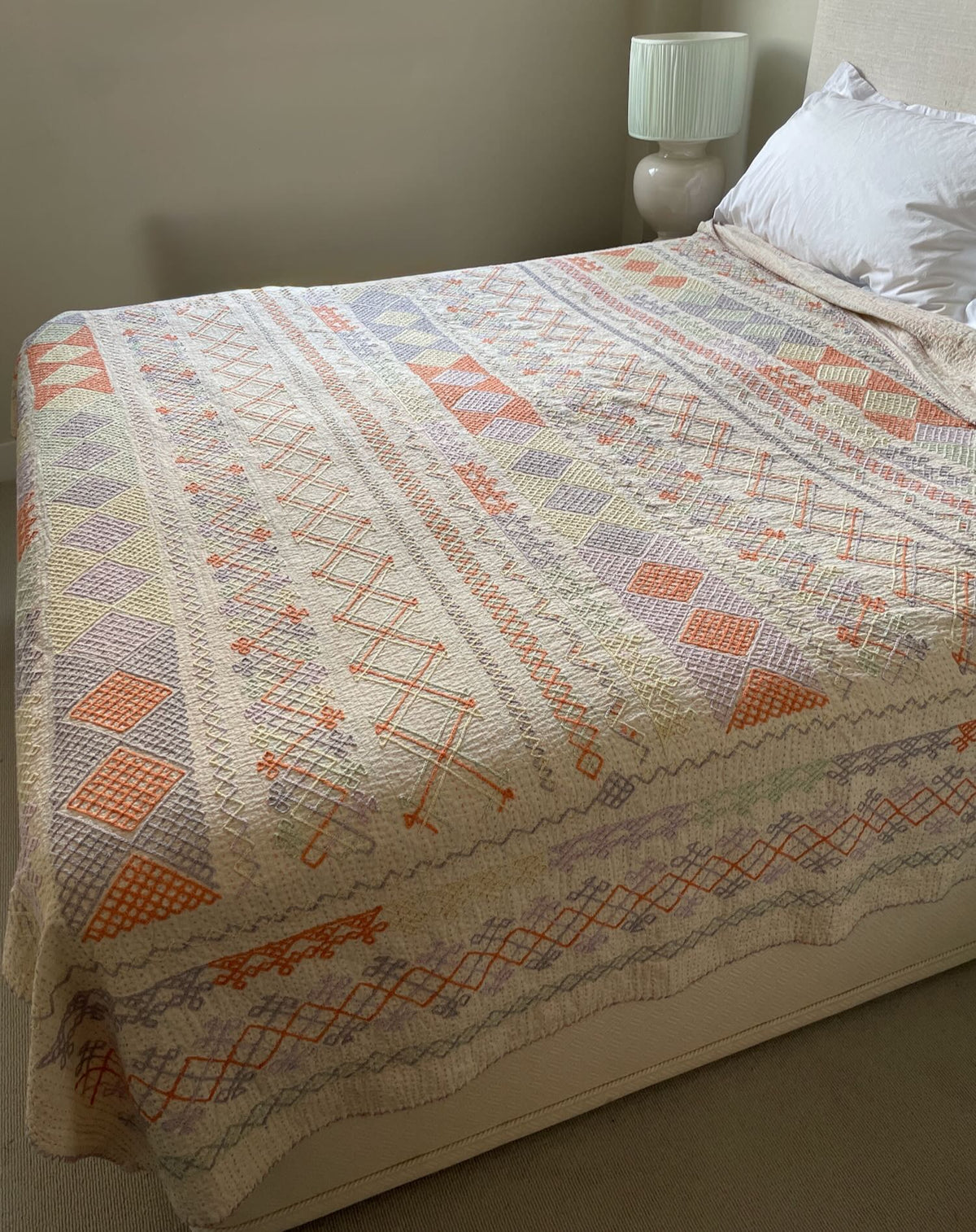 
                  
                    pastel colours ralli quilt large embroidered kantha bedspread hand made cotton washable
                  
                