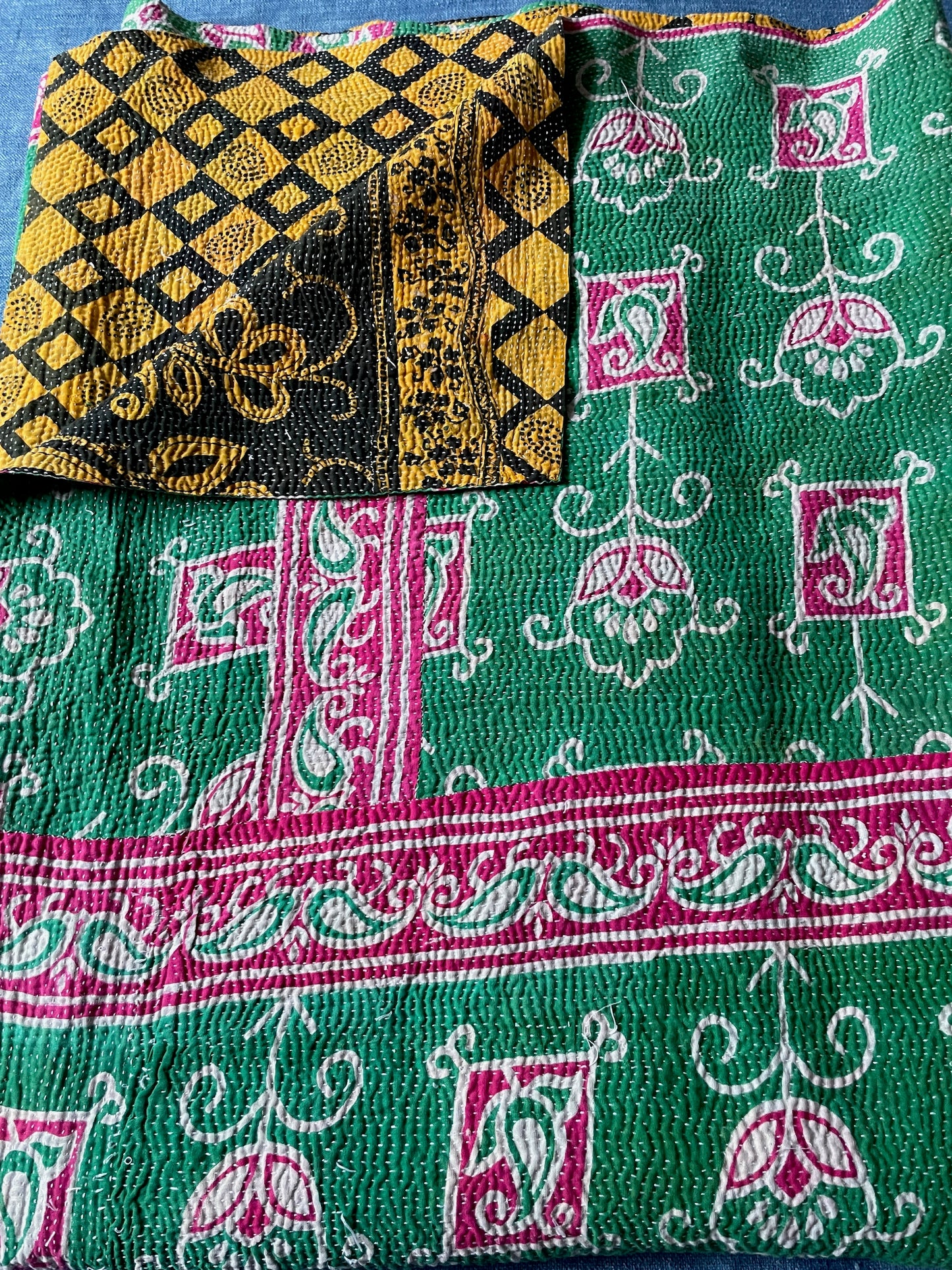 
                  
                    bright pink green kantha quilt cotton bedspread sofa throw single bedcover handstitched washable
                  
                