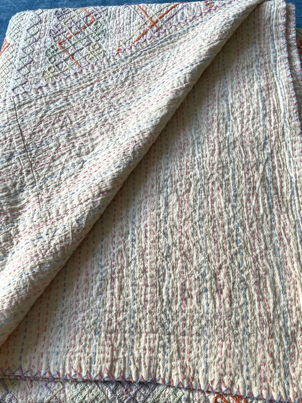 
                  
                    pastel colours ralli quilt large embroidered kantha bedspread hand made cotton washable
                  
                