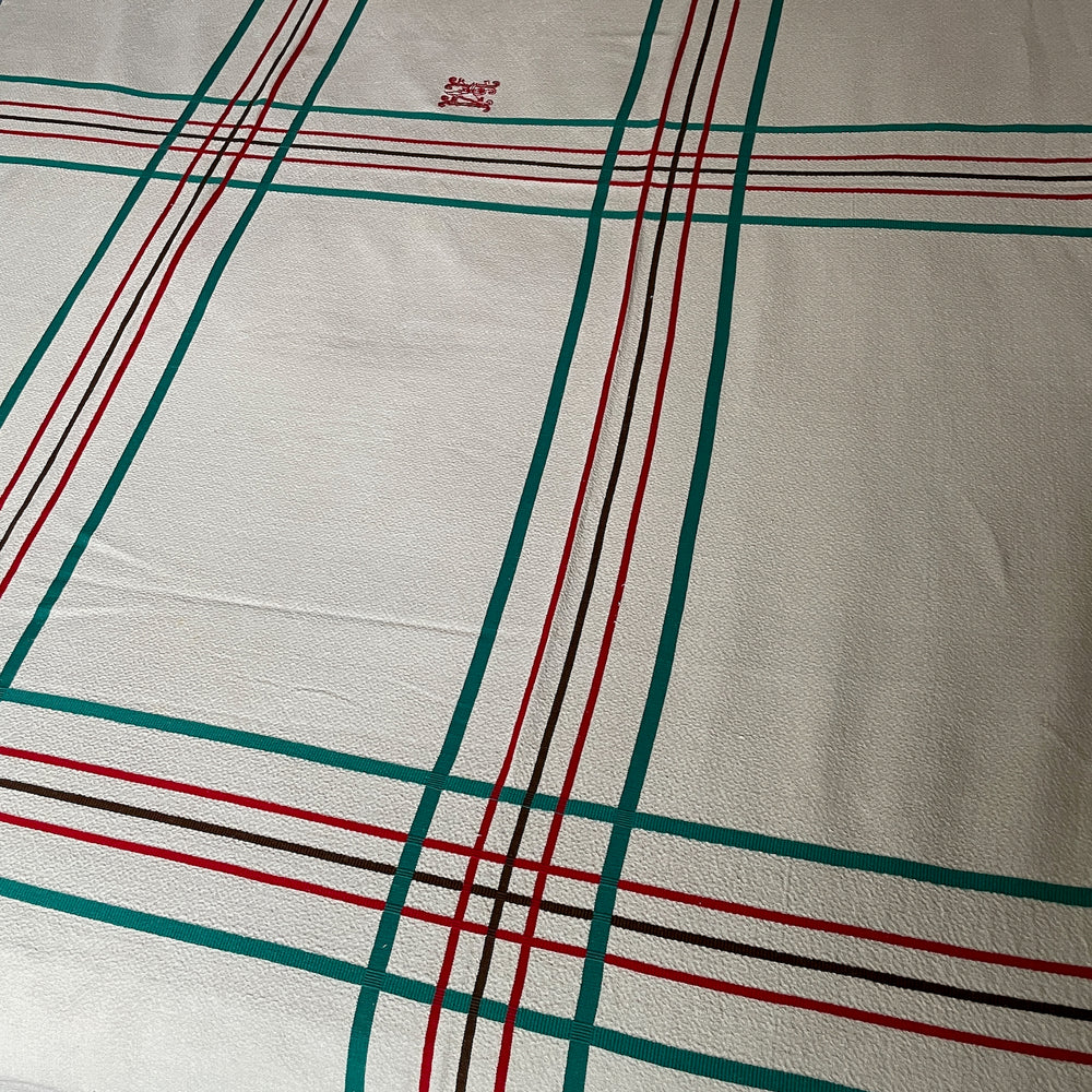 red blue turquoise brown striped tablecloth table linen basque country vintage   french 