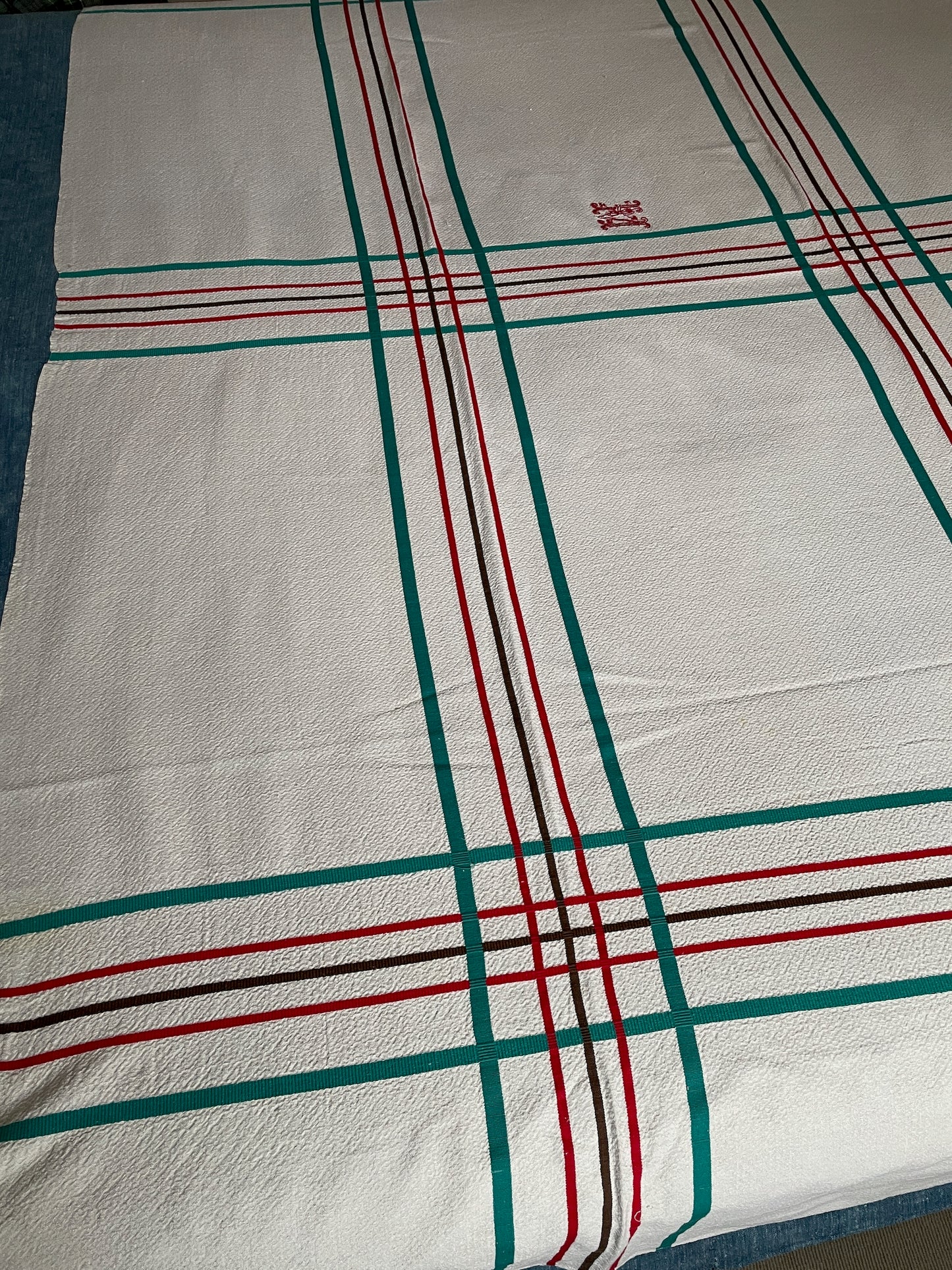 
                  
                    red blue turquoise brown striped tablecloth table linen basque country vintage   french 
                  
                