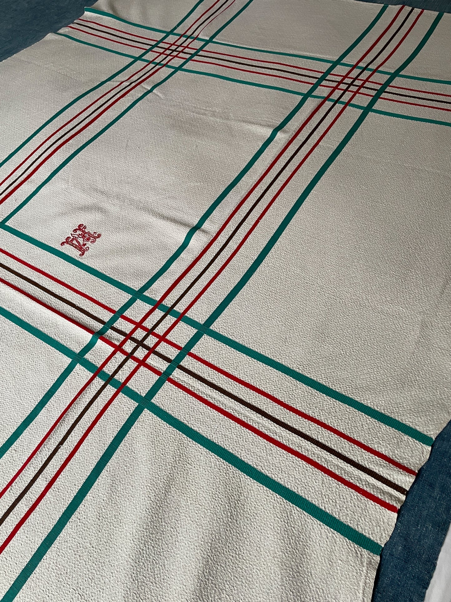 
                  
                    red blue turquoise brown striped tablecloth table linen basque country vintage   french 
                  
                