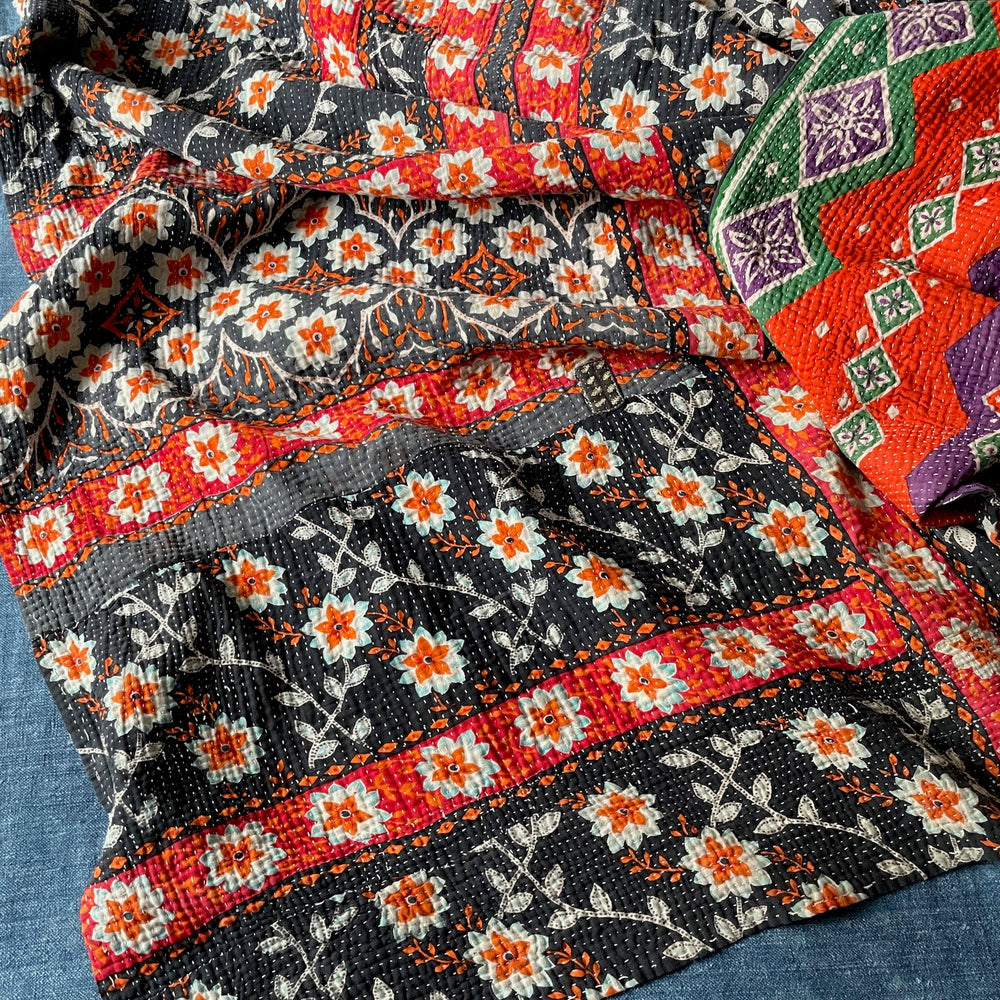 colourful kantha quilt bedspread comforter cotton washable large single black orange white purple