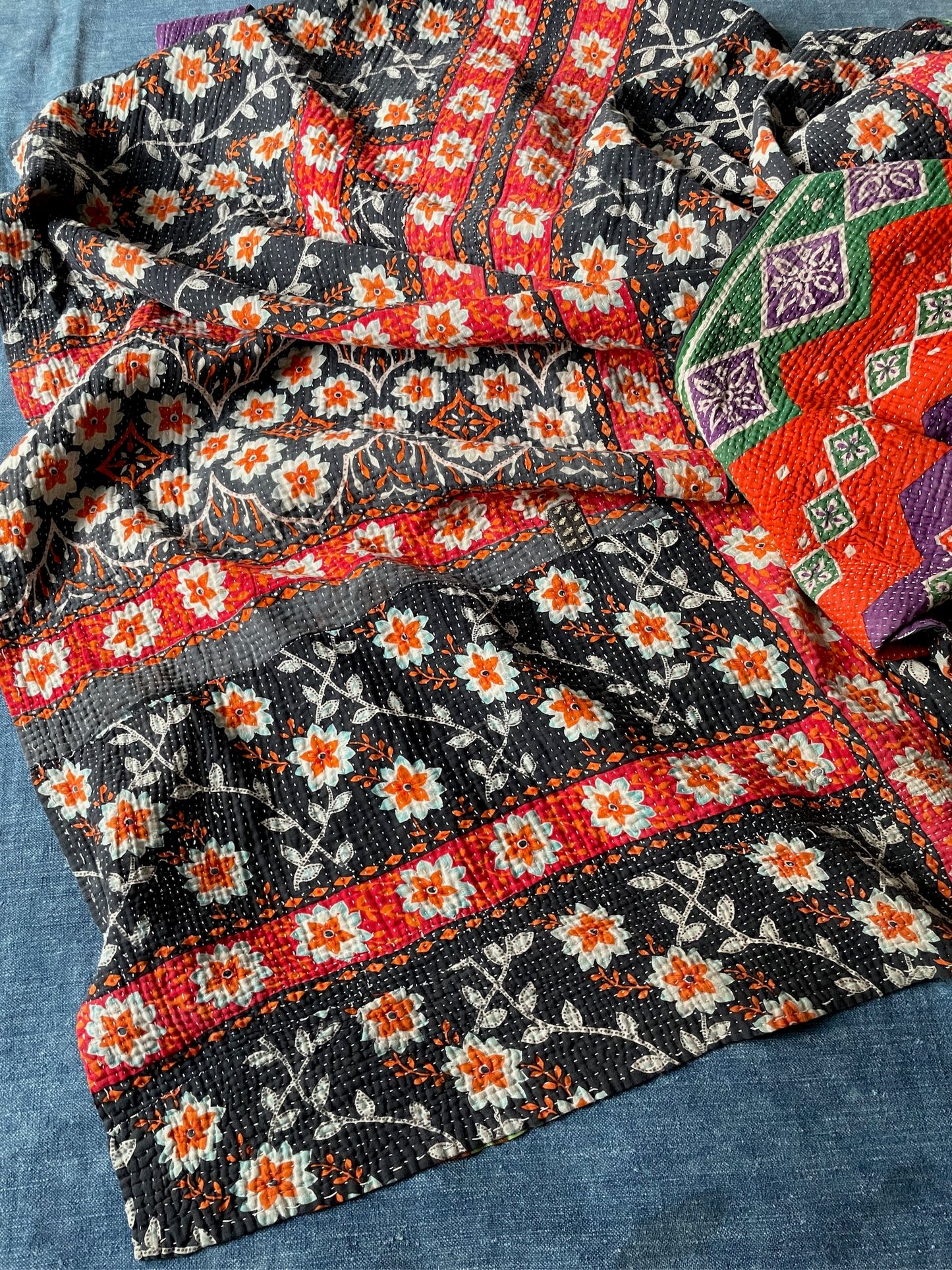 colourful kantha quilt bedspread comforter cotton washable large single black orange white purple