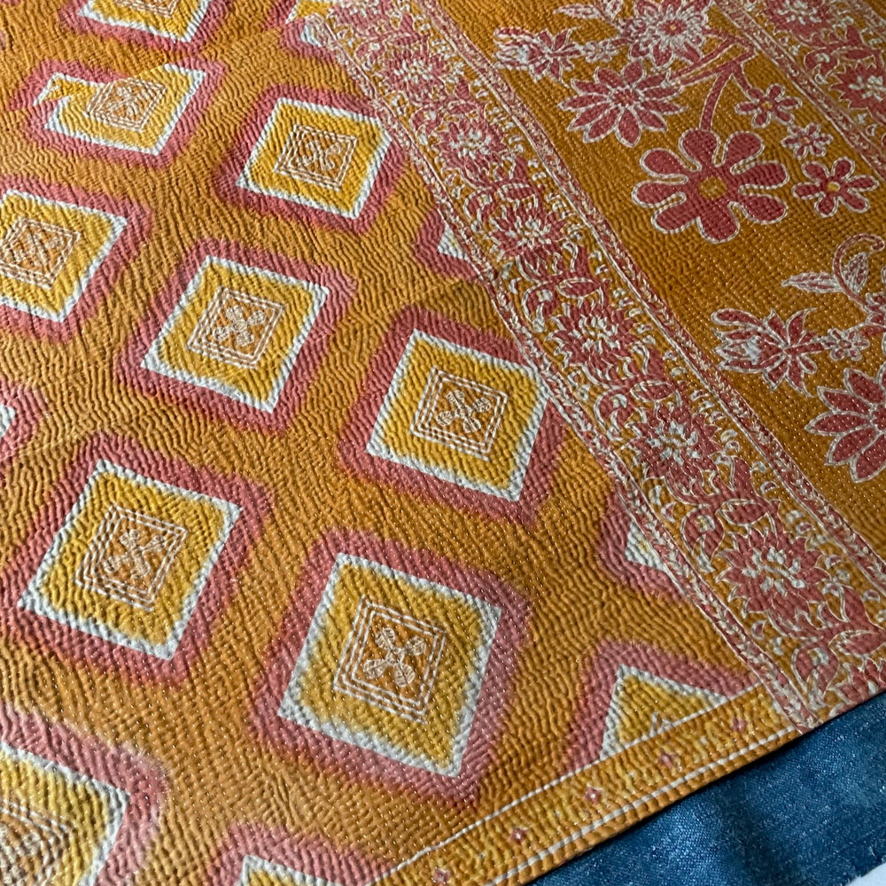 
                  
                    orange pink floral kantha bedspread cotton comforter hand stitched quilt boho style washable throw
                  
                