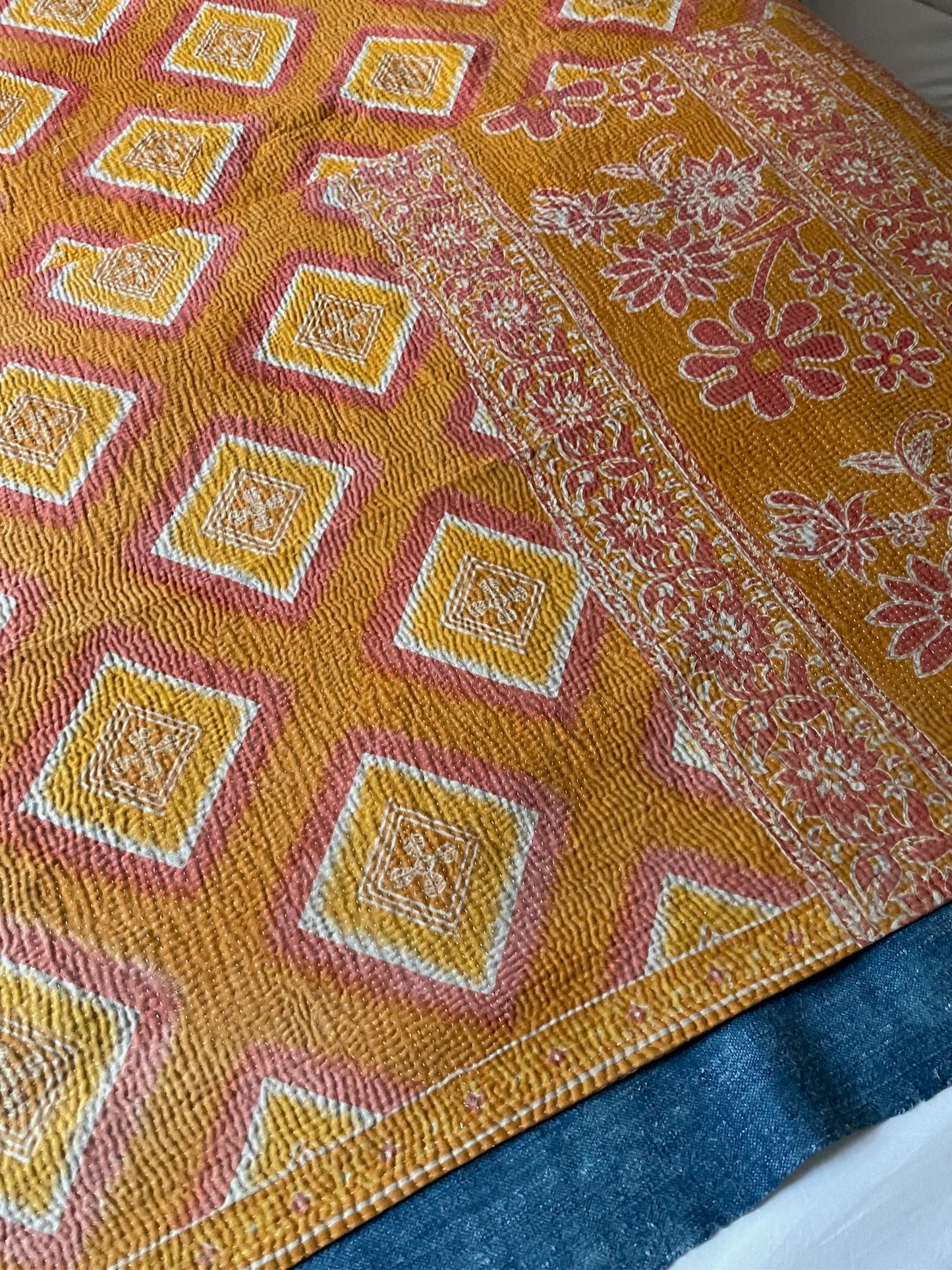 
                  
                    orange pink floral kantha bedspread cotton comforter hand stitched quilt boho style washable throw
                  
                