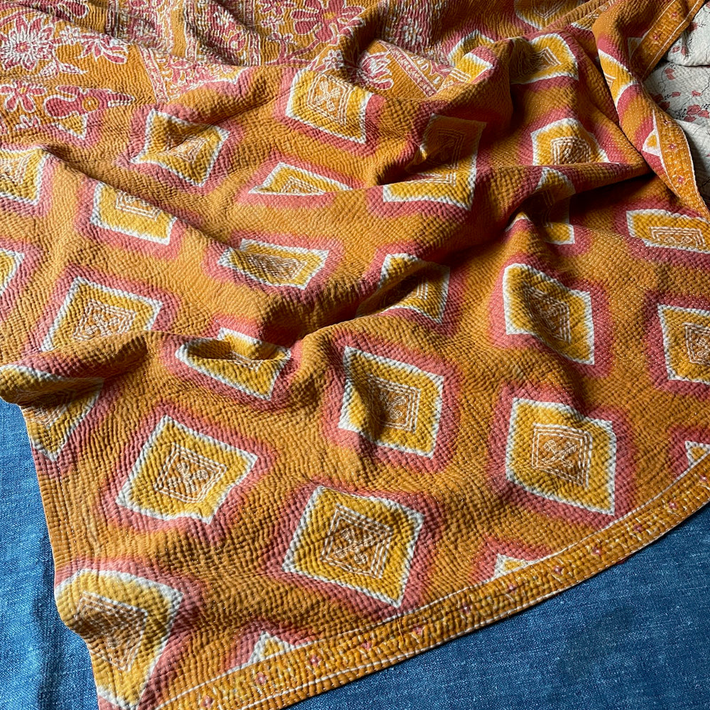 orange pink floral kantha bedspread cotton comforter hand stitched quilt boho style washable throw