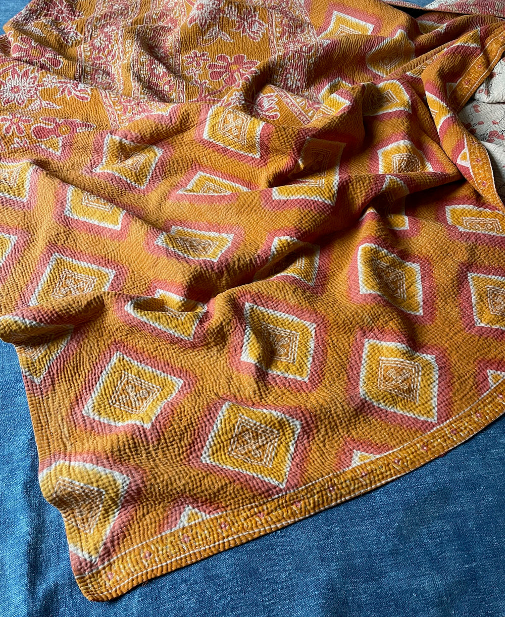 orange pink floral kantha bedspread cotton comforter hand stitched quilt boho style washable throw