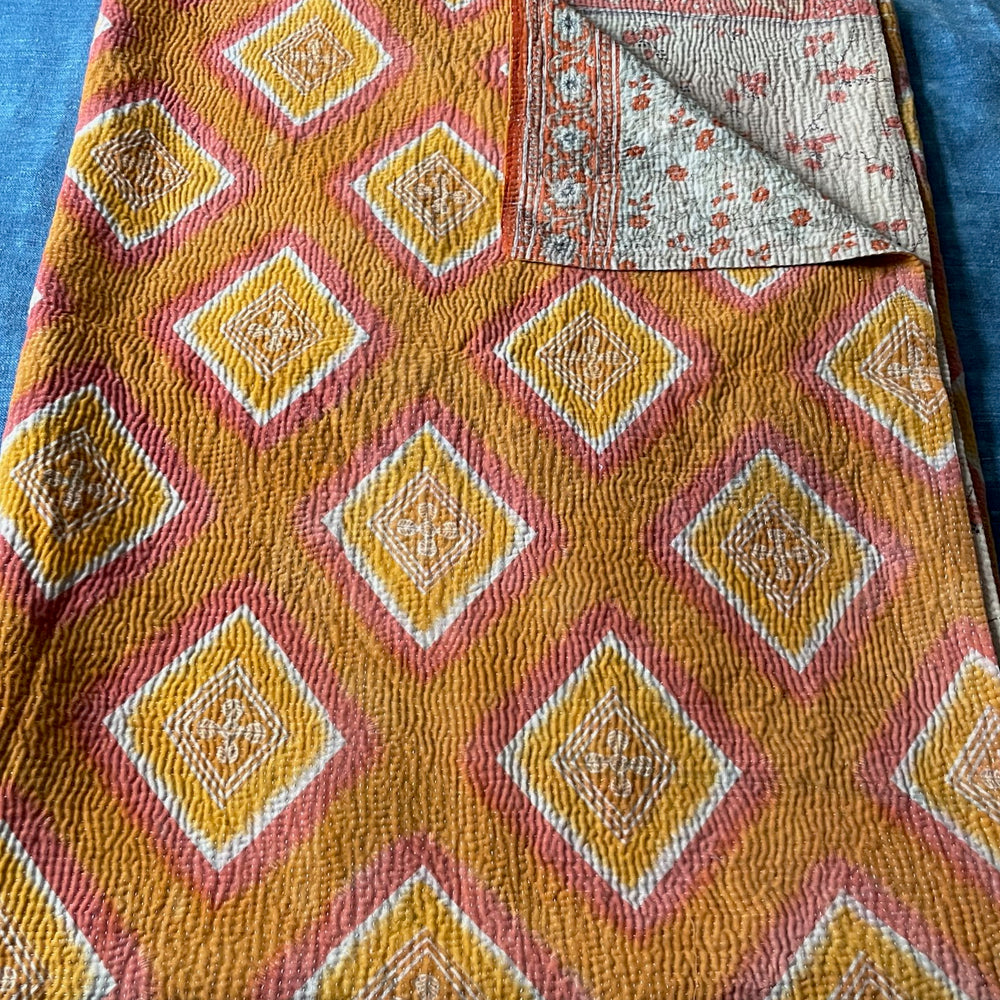 
                  
                    orange pink floral kantha bedspread cotton comforter hand stitched quilt boho style washable throw
                  
                