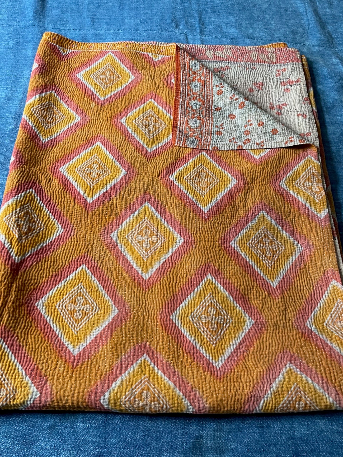 
                  
                    orange pink floral kantha bedspread cotton comforter hand stitched quilt boho style washable throw
                  
                