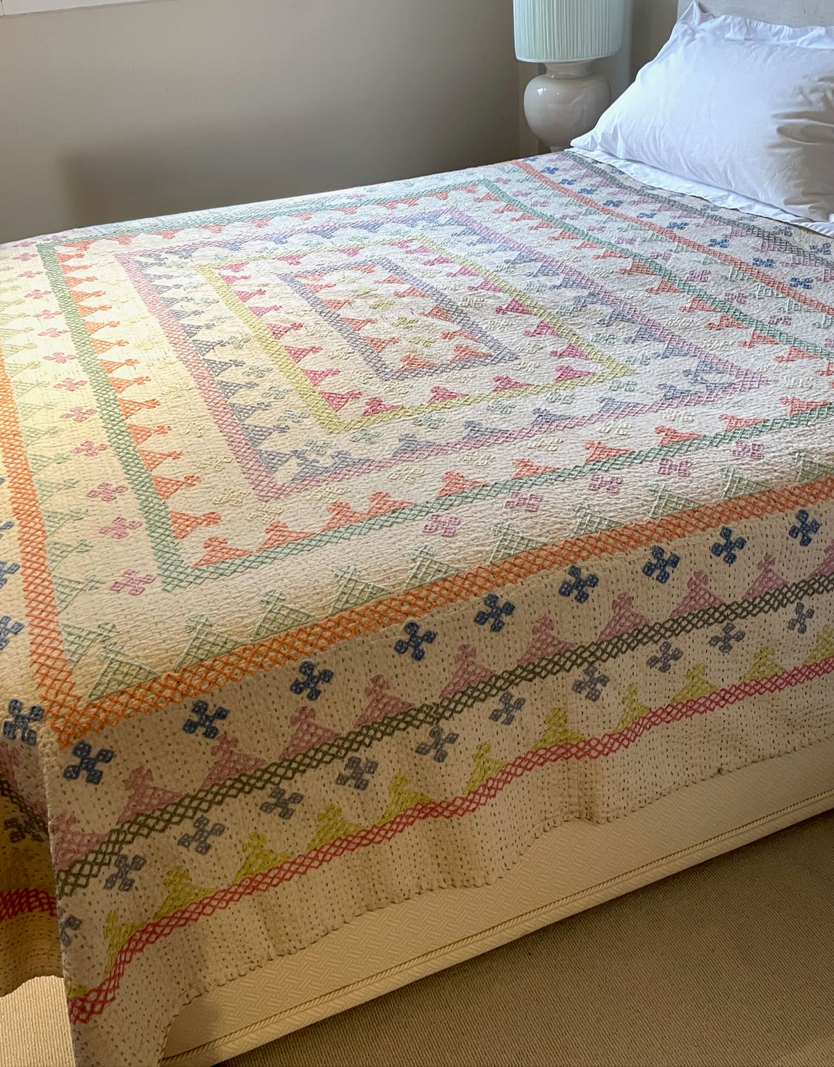 
                  
                    pink blue green pastel coloured large ralli quilt embroidered bedspread cotton washable handmade
                  
                