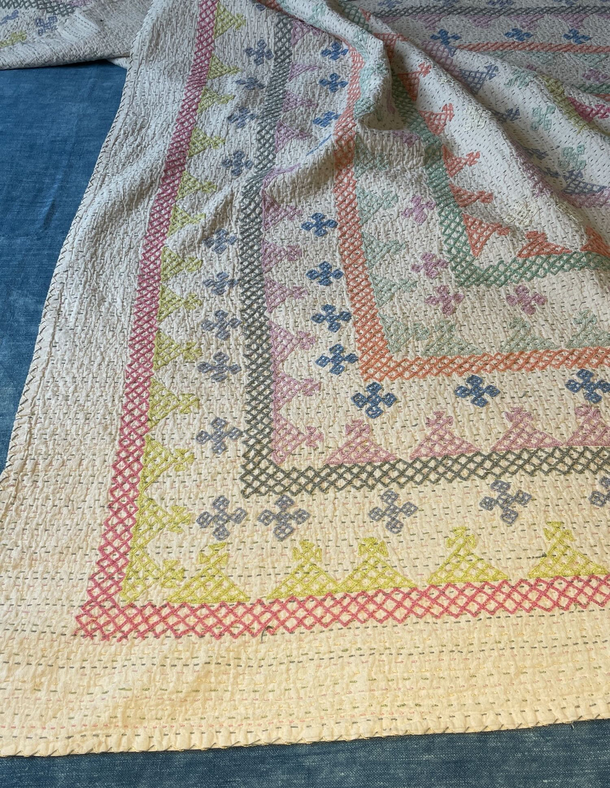 
                  
                    pink blue green pastel coloured large ralli quilt embroidered bedspread cotton washable handmade
                  
                