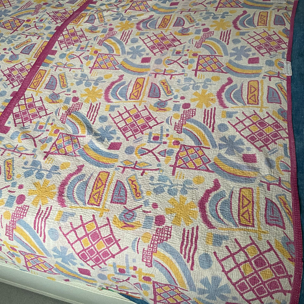 pink blue yellow charleston bloomsbury kantha quilt cotton bedspread washable comforter large single