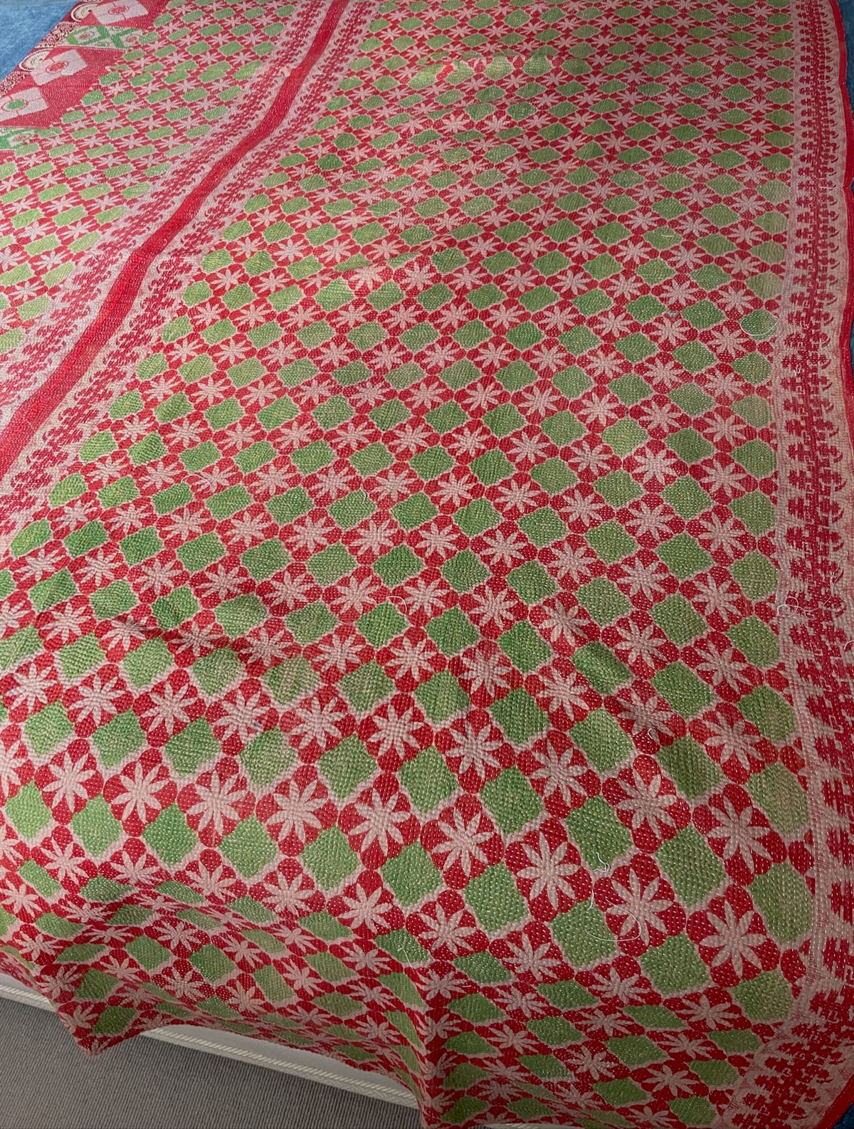 red pink green single vintage kantha quilt cotton bedspread hand made sofa throw washable
