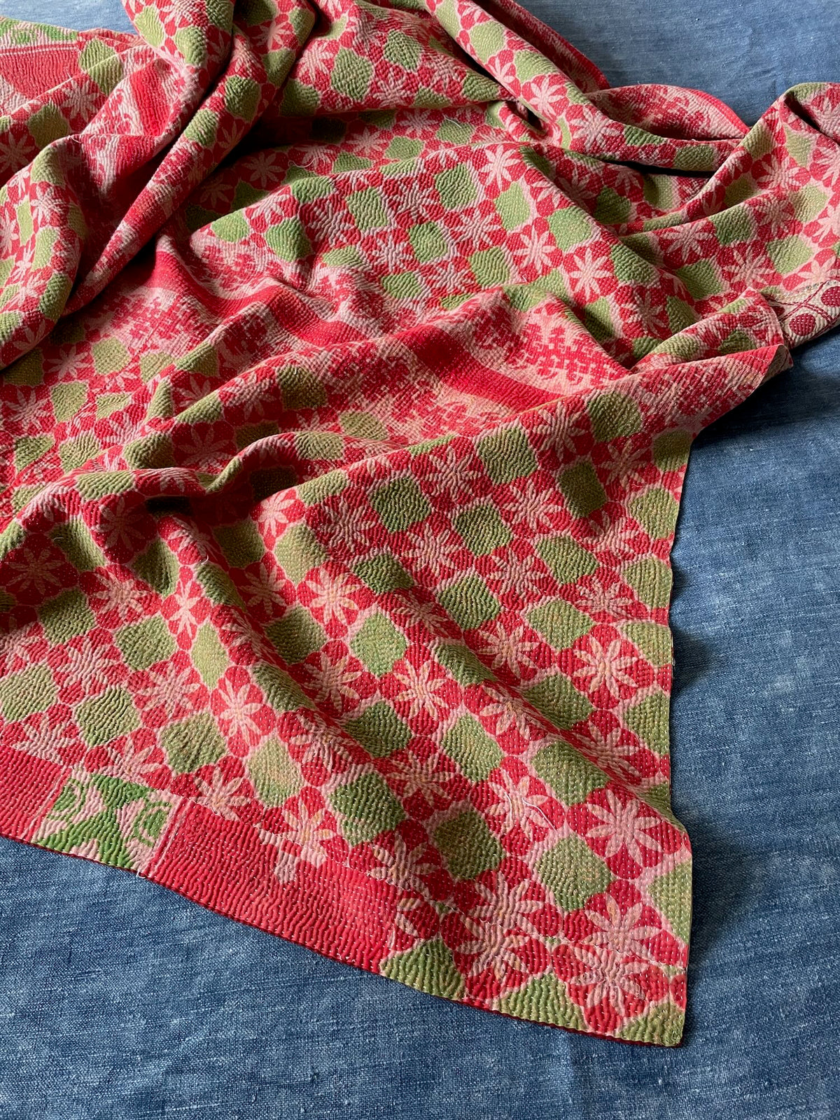 red pink green single vintage kantha quilt cotton bedspread hand made sofa throw washable