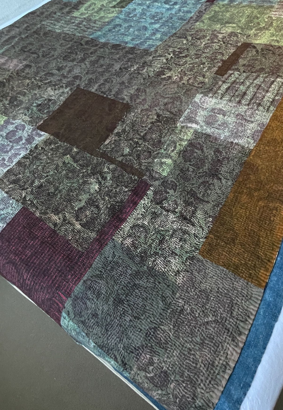 
                  
                    large patchwork quilt blockprinted in blue grey and green panels kantha sofa throw washable
                  
                