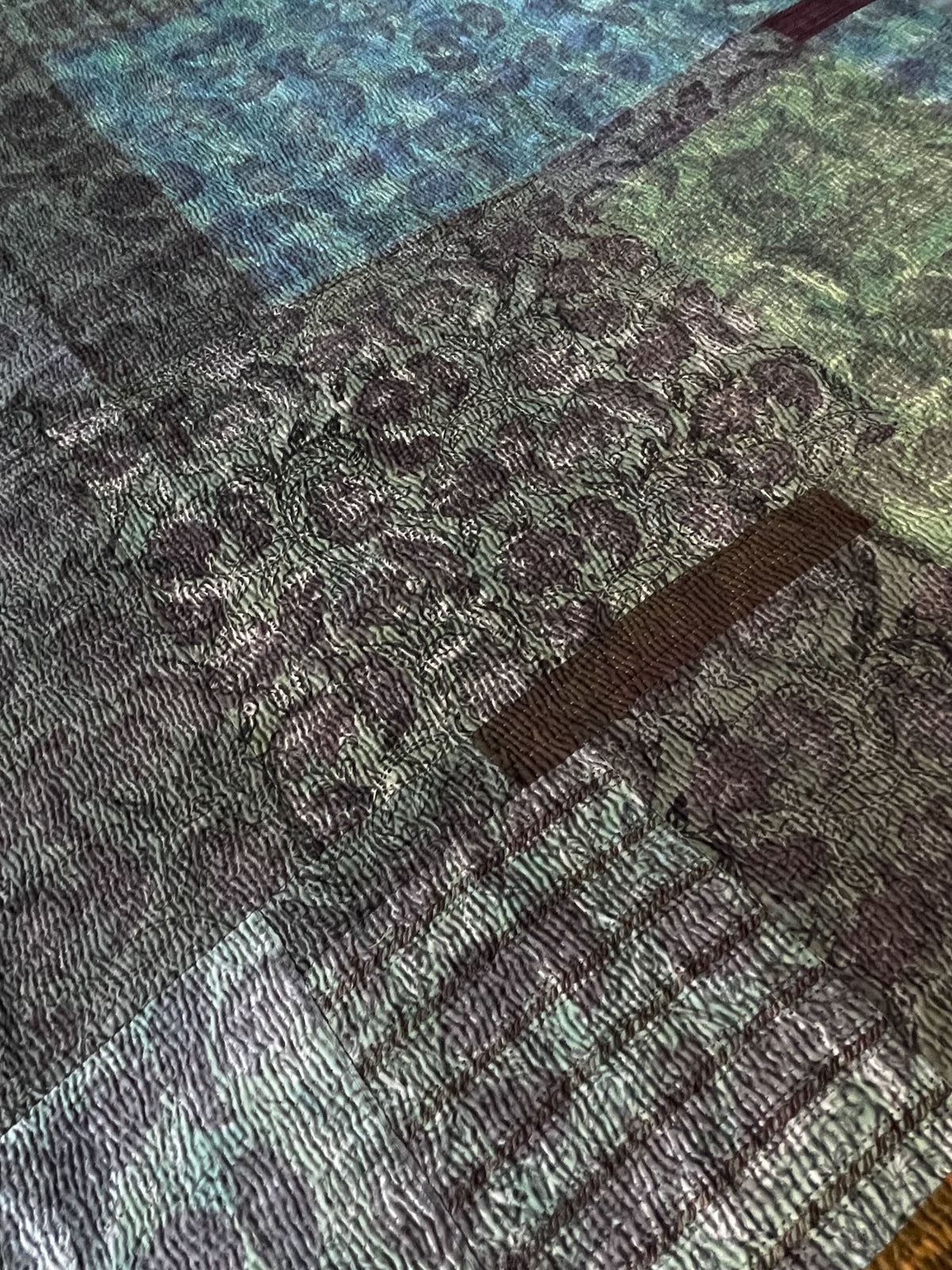 
                  
                    large patchwork quilt blockprinted in blue grey and green panels kantha sofa throw washable
                  
                