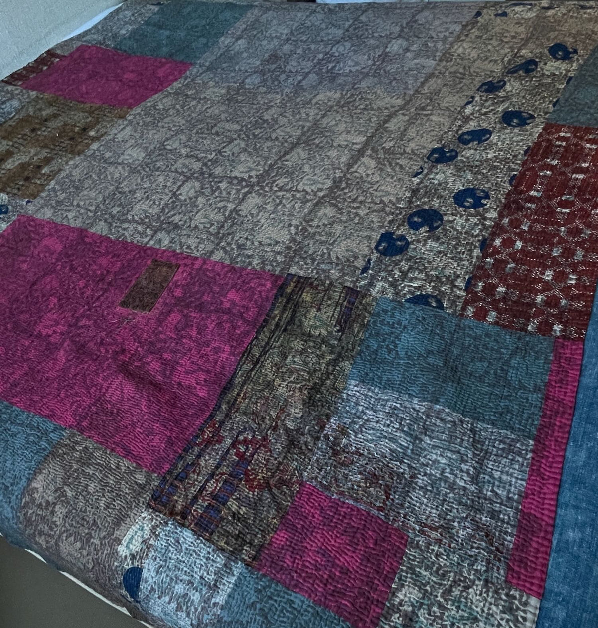 large patchwork quilt blockprinted in blue grey and green panels kantha sofa throw washable