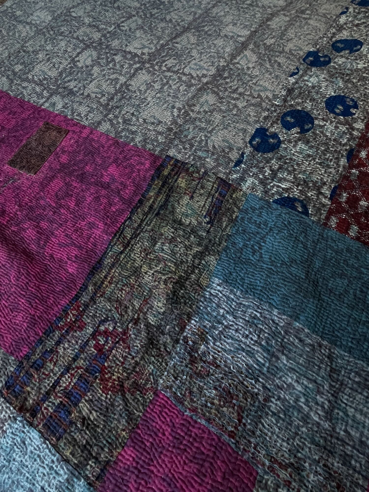 
                  
                    large patchwork quilt blockprinted in blue grey and green panels kantha sofa throw washable
                  
                