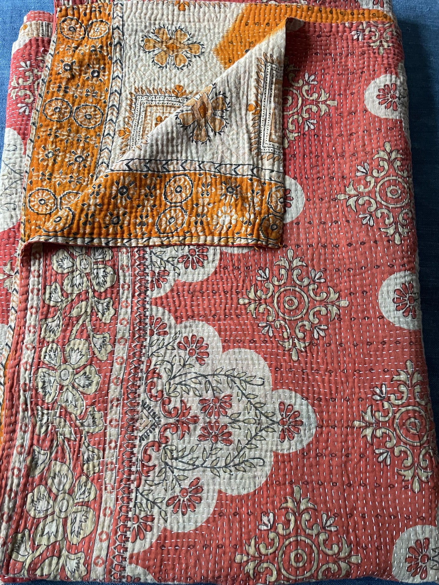 
                  
                    coral pink orange vintage indian kantha quilt sofa throw washable cotton comforter bedspread
                  
                