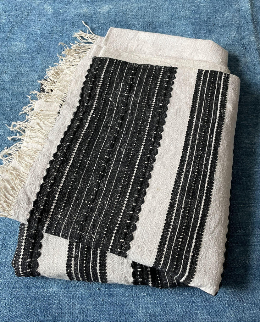 vintage hungarian woven curtain or bedcover black with cream stripes hand loomed textile