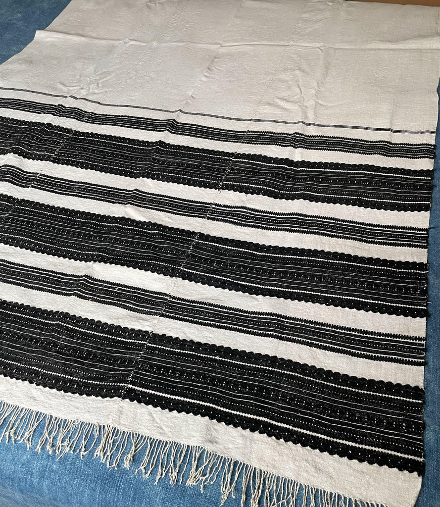 vintage hungarian woven curtain or bedcover black with cream stripes hand loomed textile