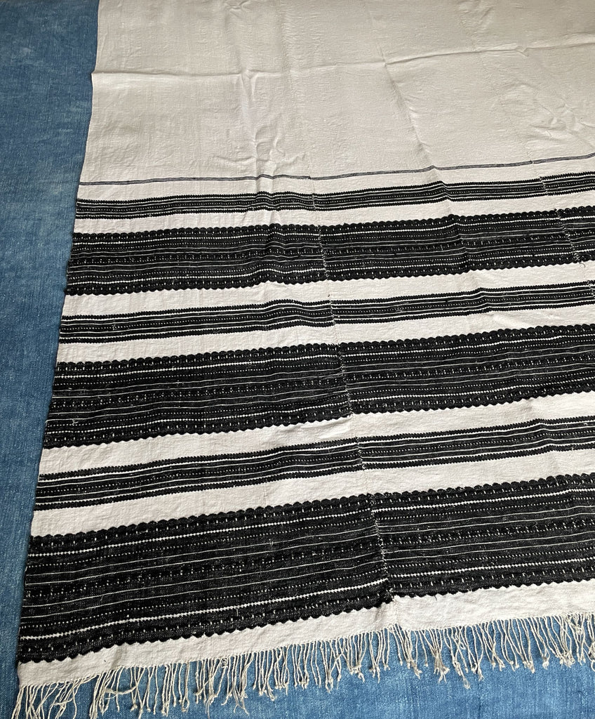 vintage hungarian woven curtain or bedcover black with cream stripes hand loomed textile
