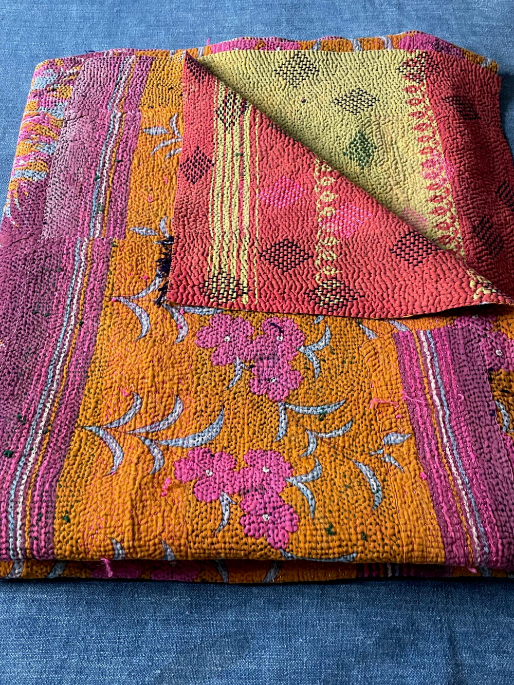 orange pink floral yellow red kantha bedspread vintage quilt hand stitched cotton comforter throw